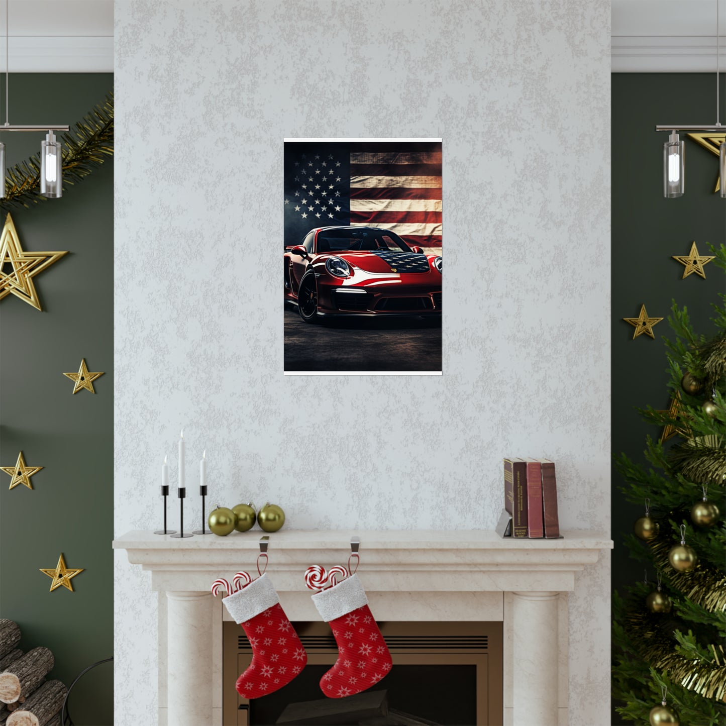 Premium Matte Vertical Posters American Flag Background Porsche 2