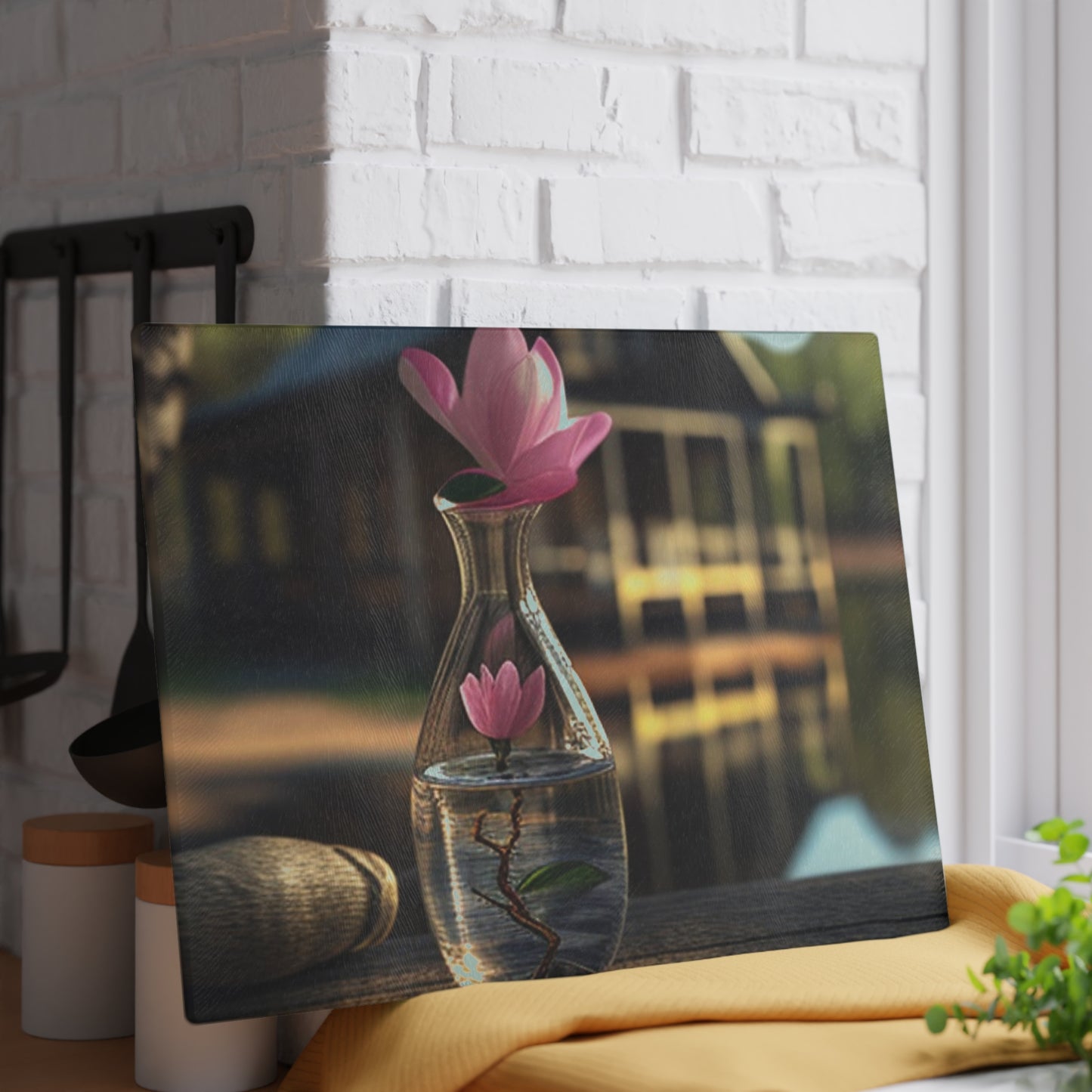 Glass Cutting Board Magnolia in a Glass vase 4