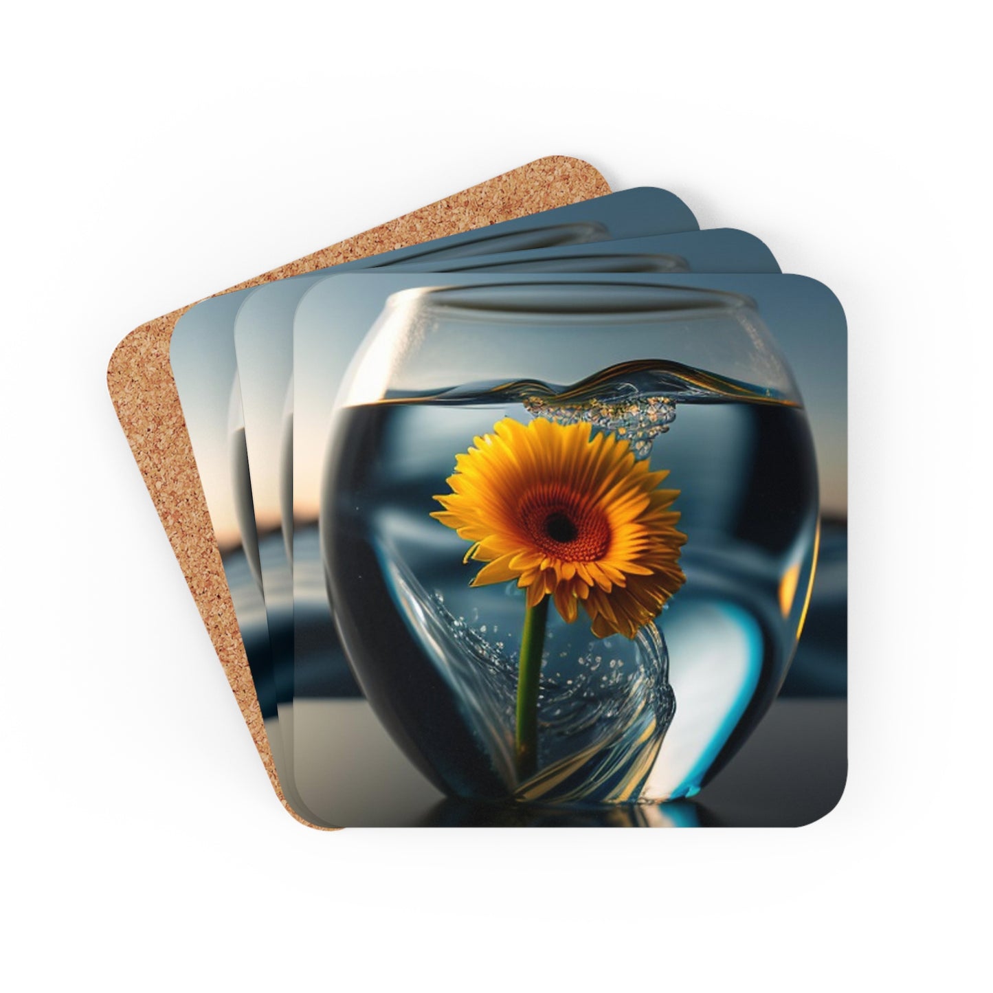 Corkwood Coaster Set yello Gerbera glass 3