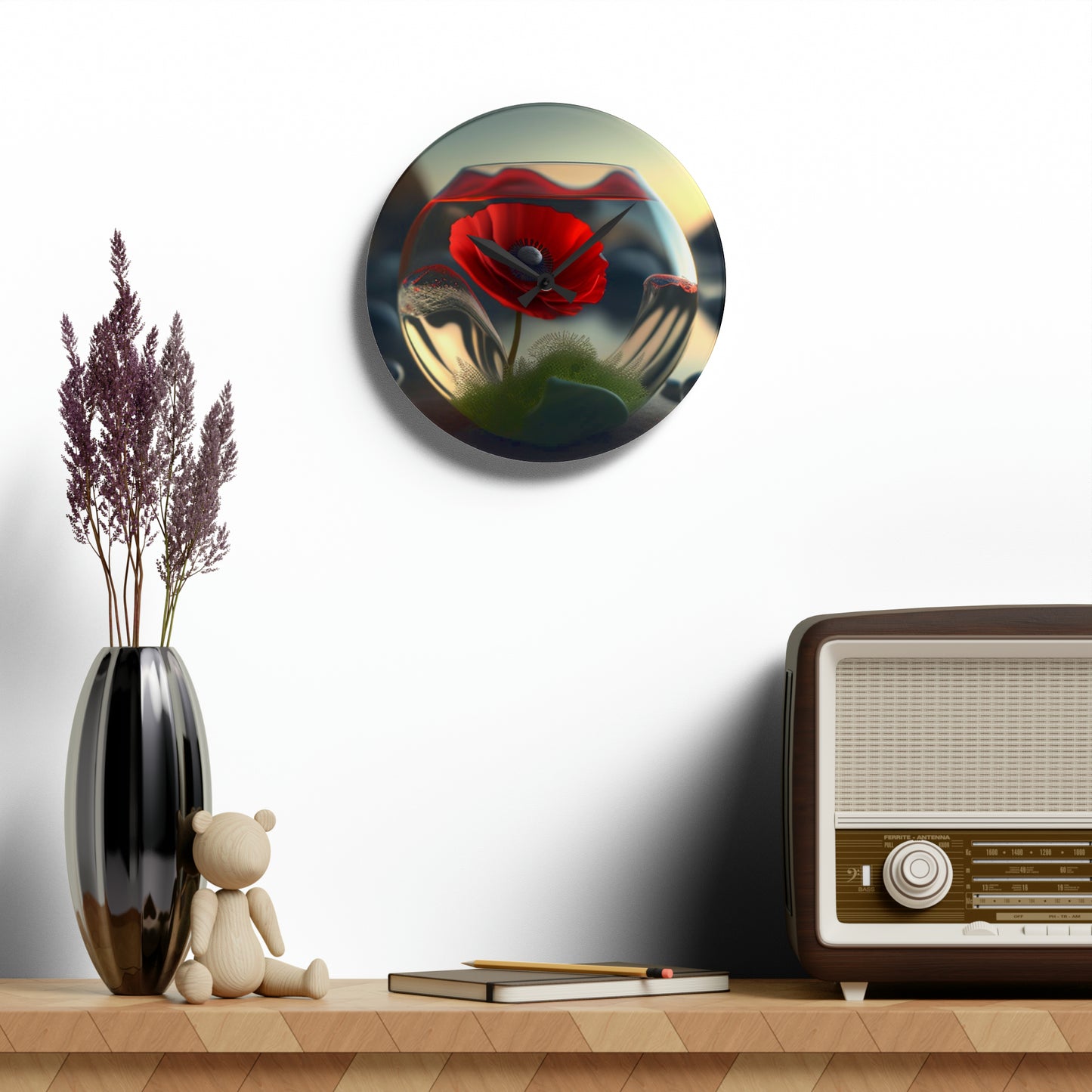 Acrylic Wall Clock Red Anemone in a Vase 3