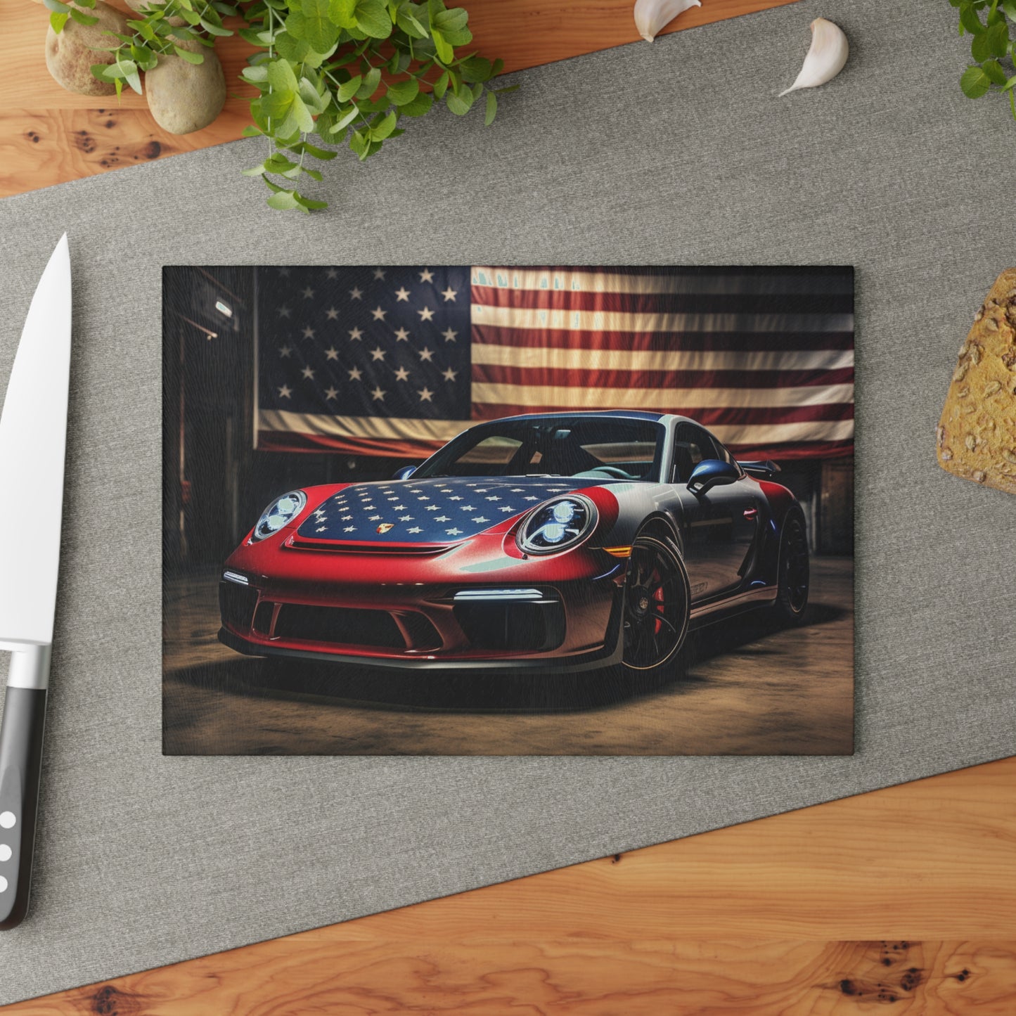 Glass Cutting Board American Flag Background Porsche 1