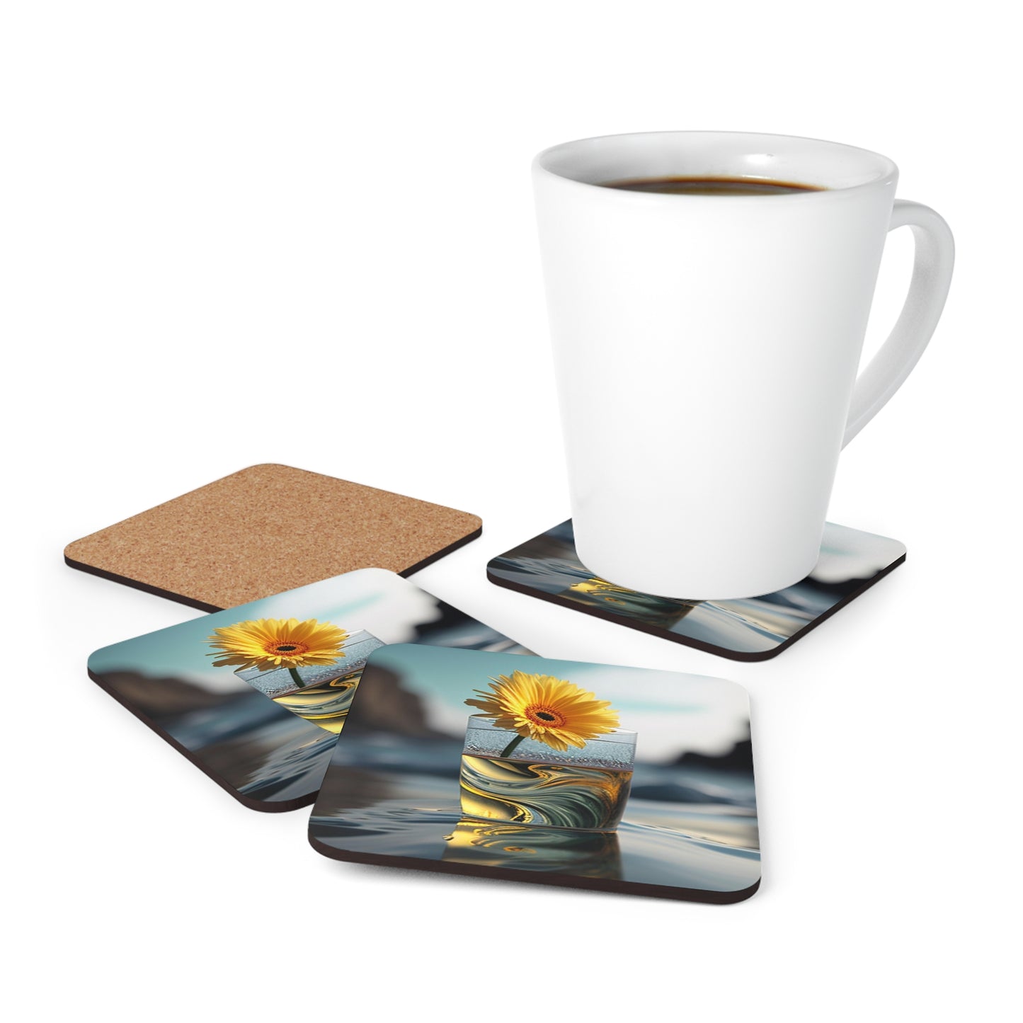 Corkwood Coaster Set yello Gerbera glass 2