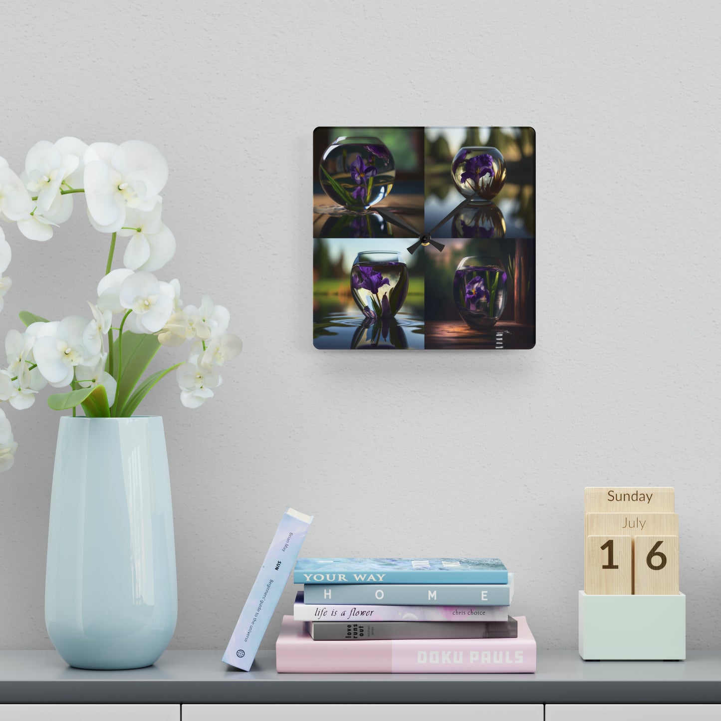 Acrylic Wall Clock Purple Iris in a vase 5