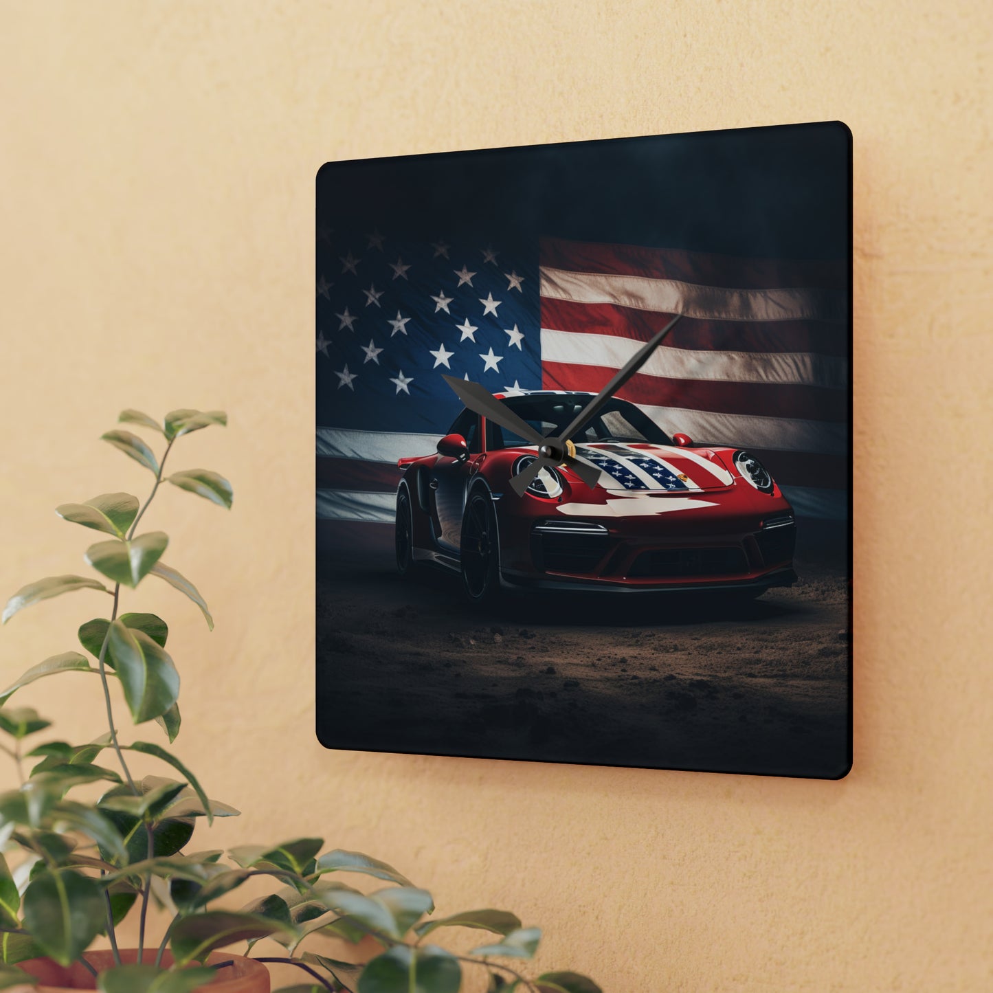 Acrylic Wall Clock American Flag Background Porsche 3