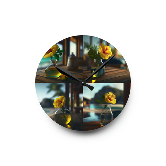 Acrylic Wall Clock Yellow Hibiscus Wood 5