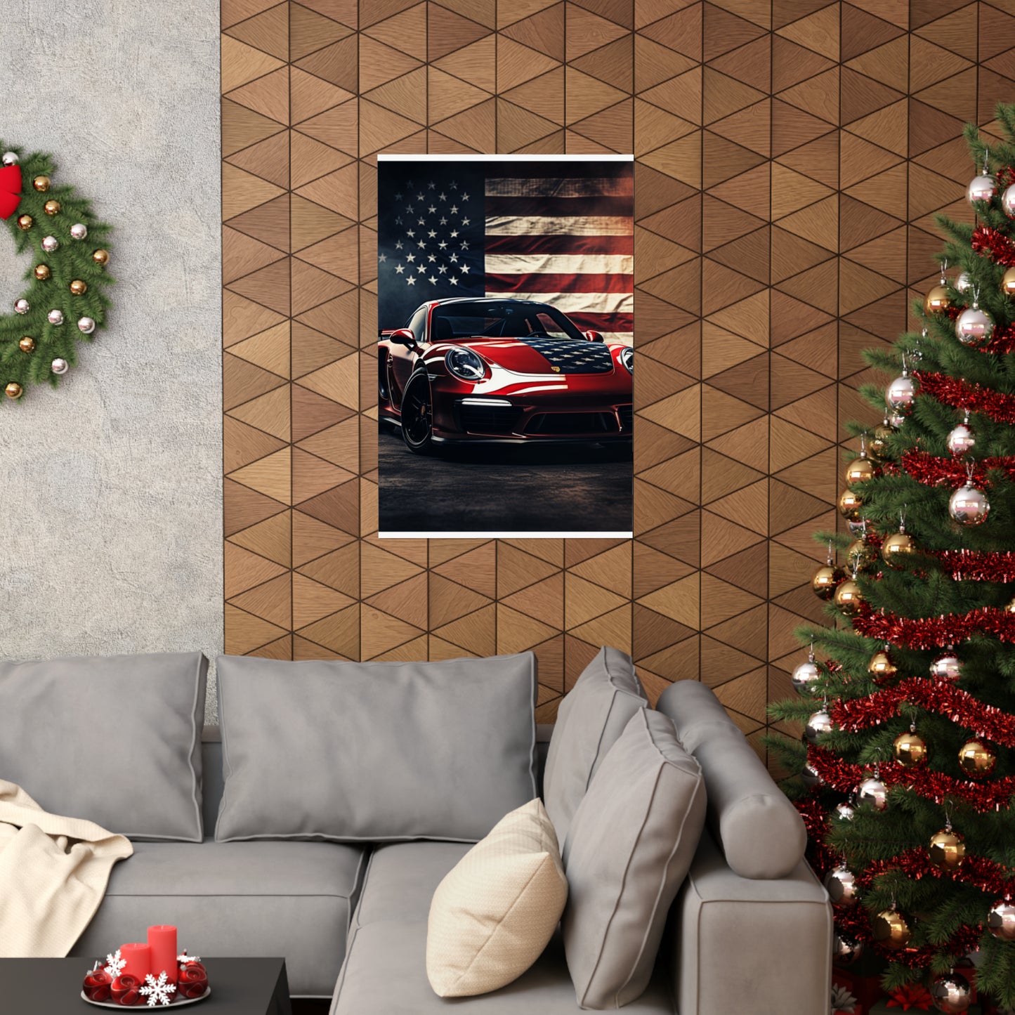 Premium Matte Vertical Posters American Flag Background Porsche 2