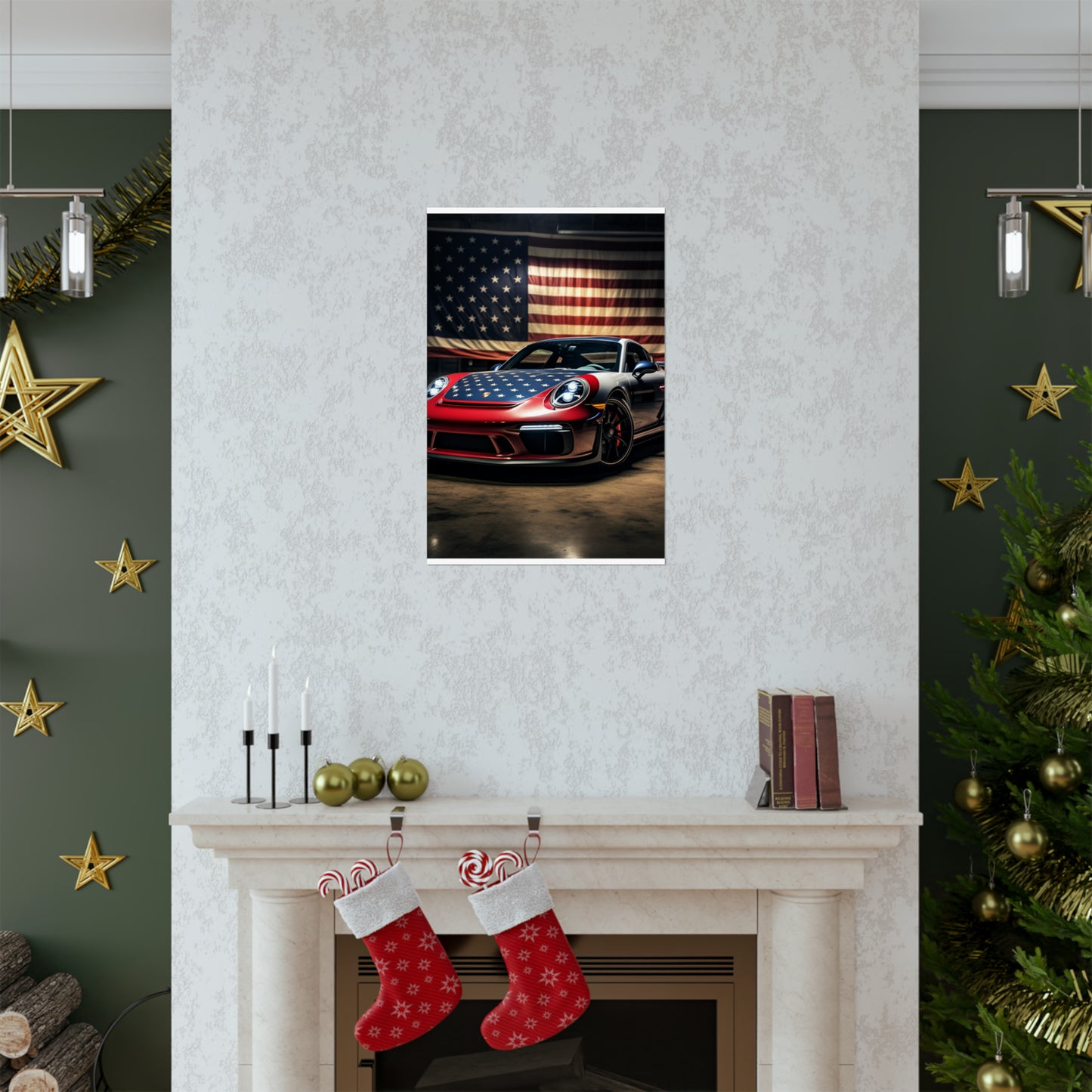 Premium Matte Vertical Posters American Flag Background Porsche 1