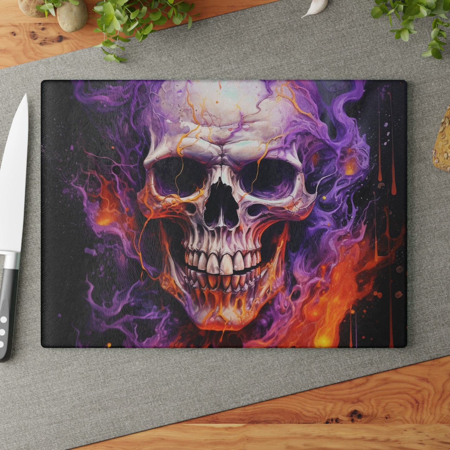 Glass Cutting Board Skull Flames 2