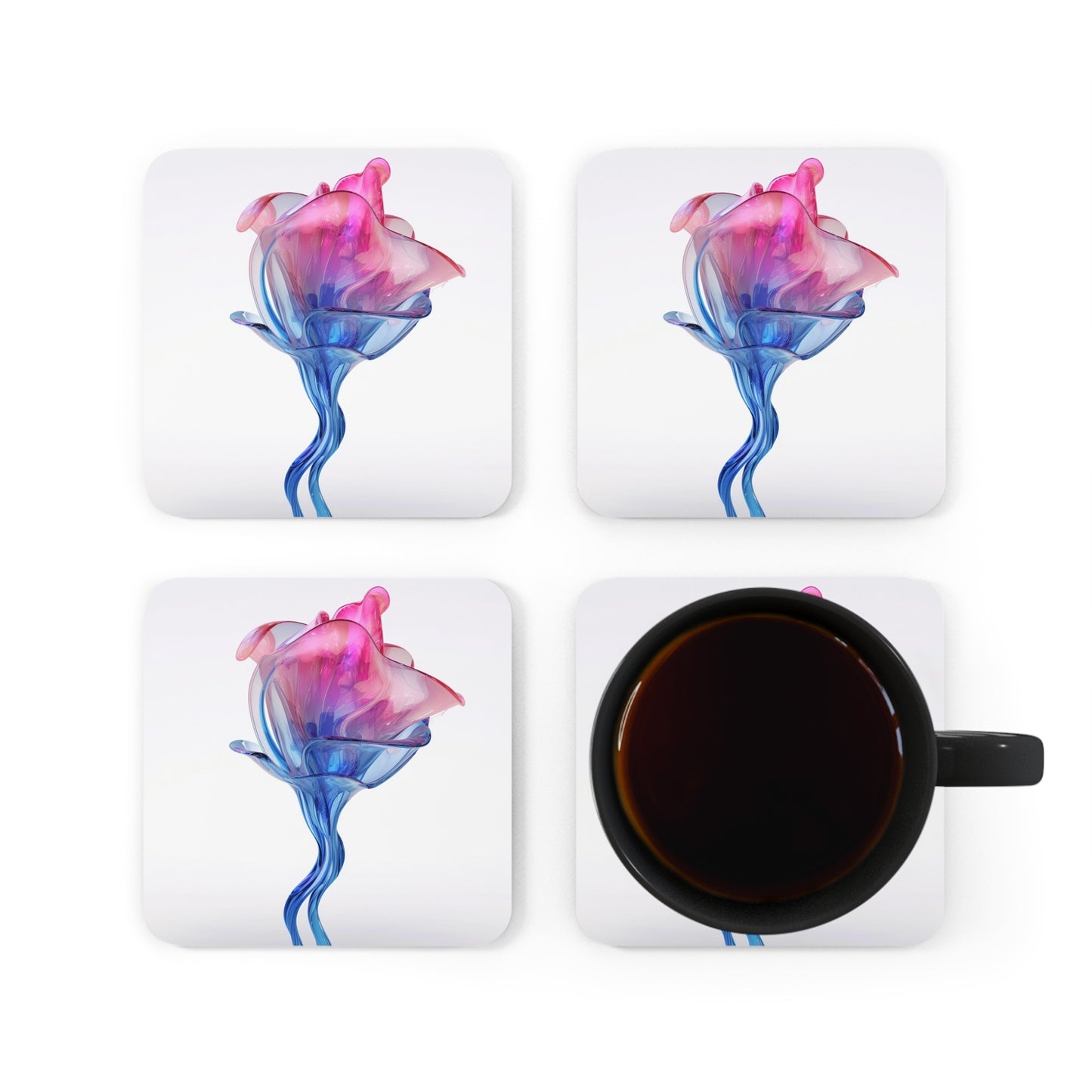 Corkwood Coaster Set Pink & Blue Tulip Rose 4