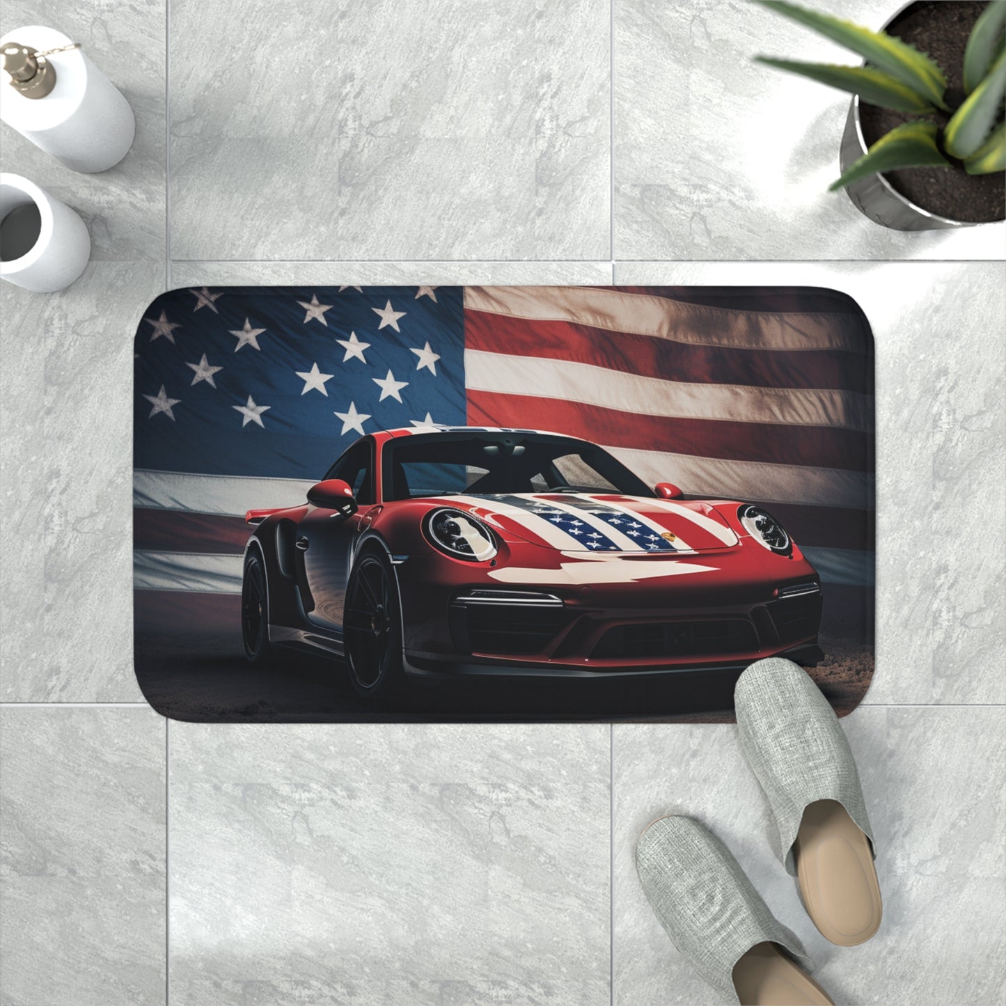 Memory Foam Bath Mat American Flag Background Porsche 3