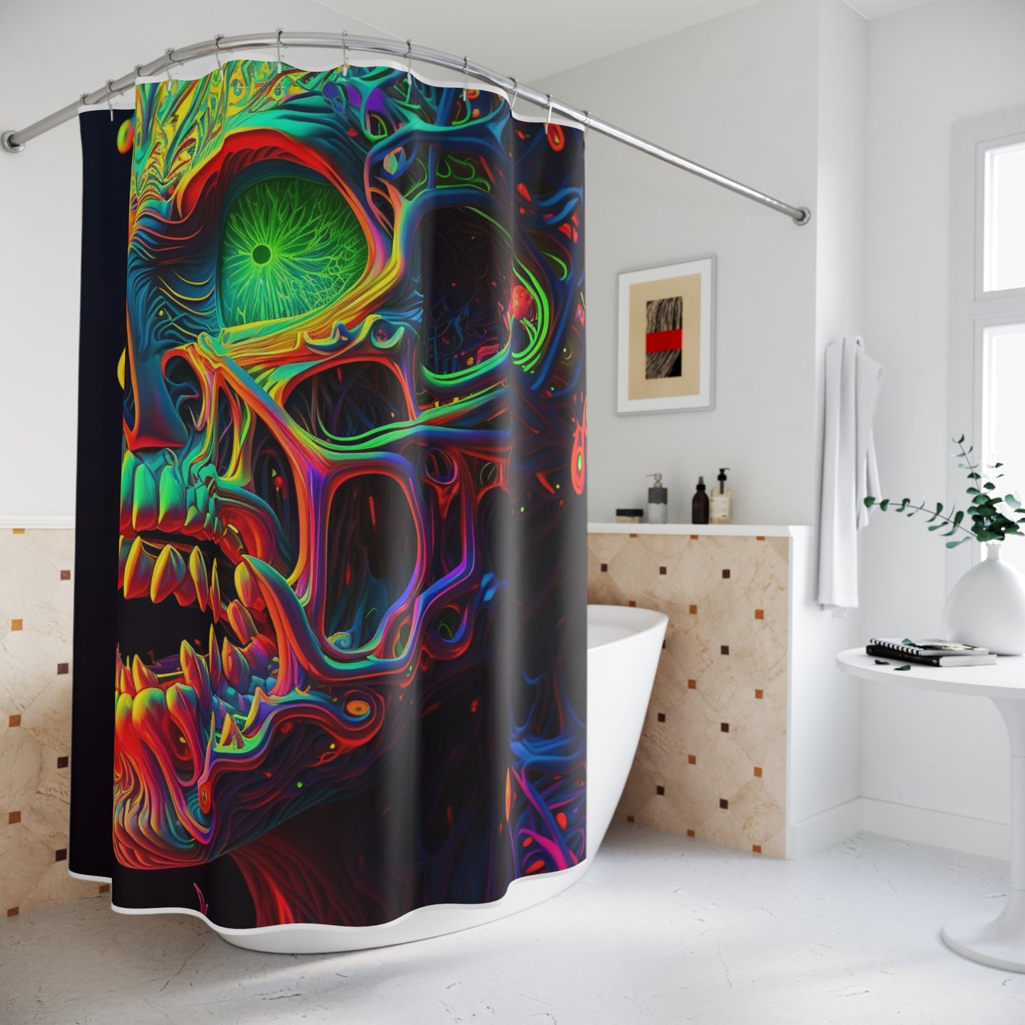 Polyester Shower Curtain Florescent Skull Death 1