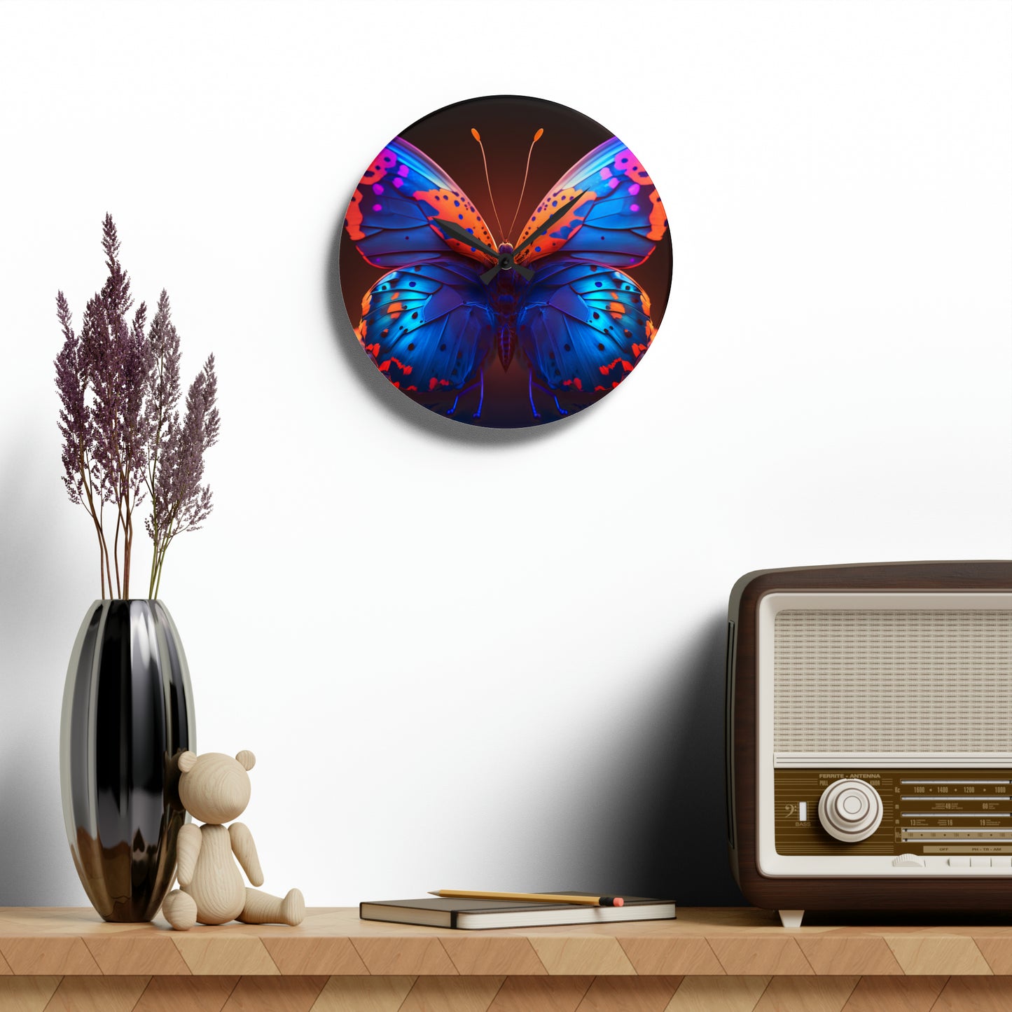 Acrylic Wall Clock Neon Butterfly Macro 3