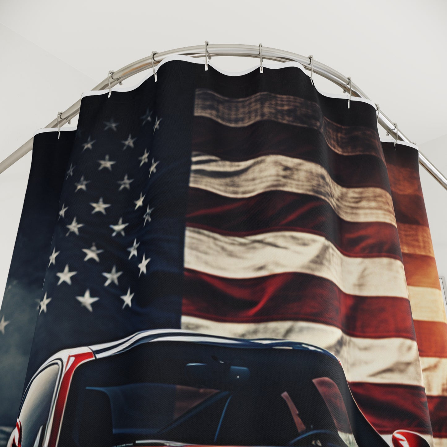 Polyester Shower Curtain American Flag Background Porsche 2