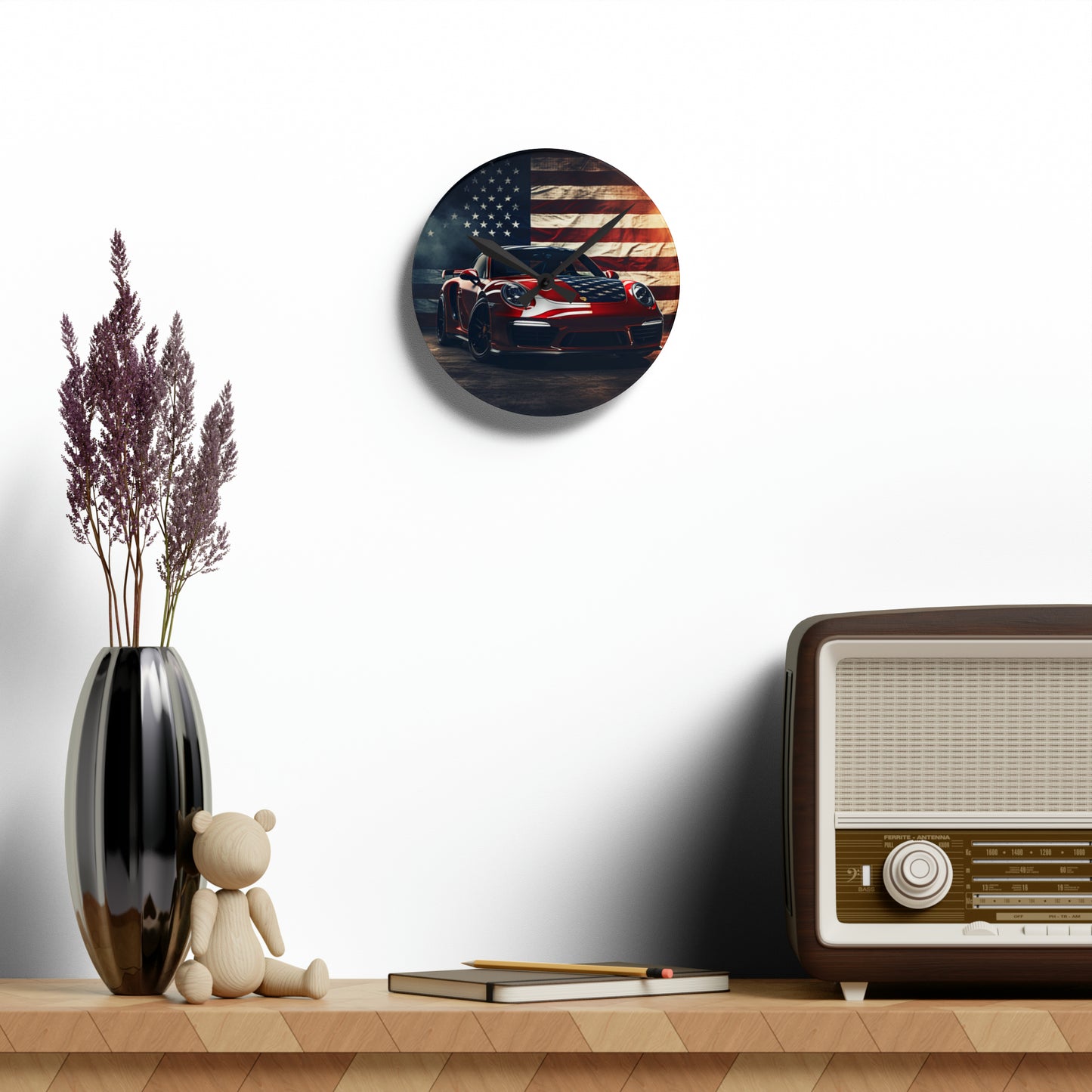 Acrylic Wall Clock American Flag Background Porsche 2