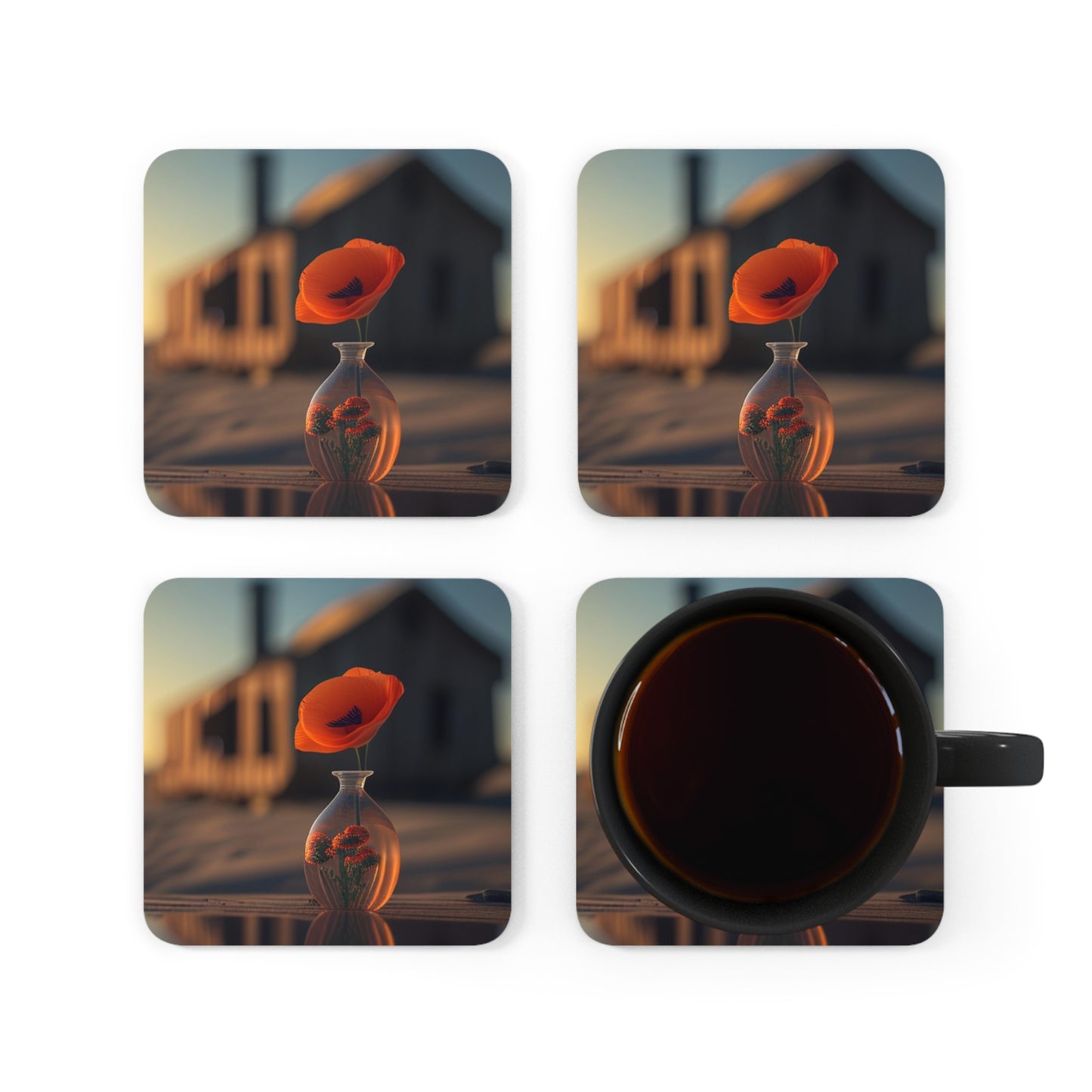 Corkwood Coaster Set Orange Poppy in a Vase 3