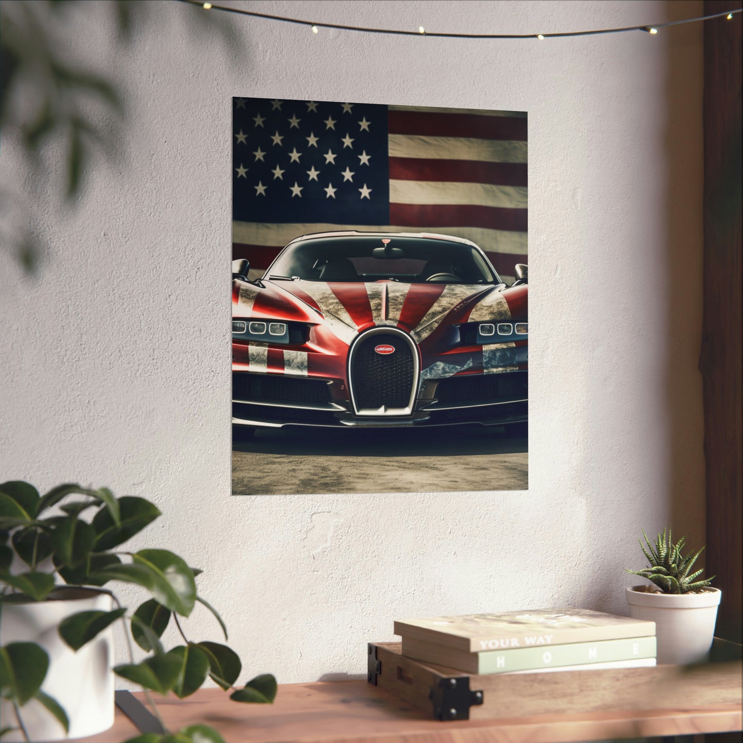 Premium Matte Vertical Posters American Flag Background Bugatti 3