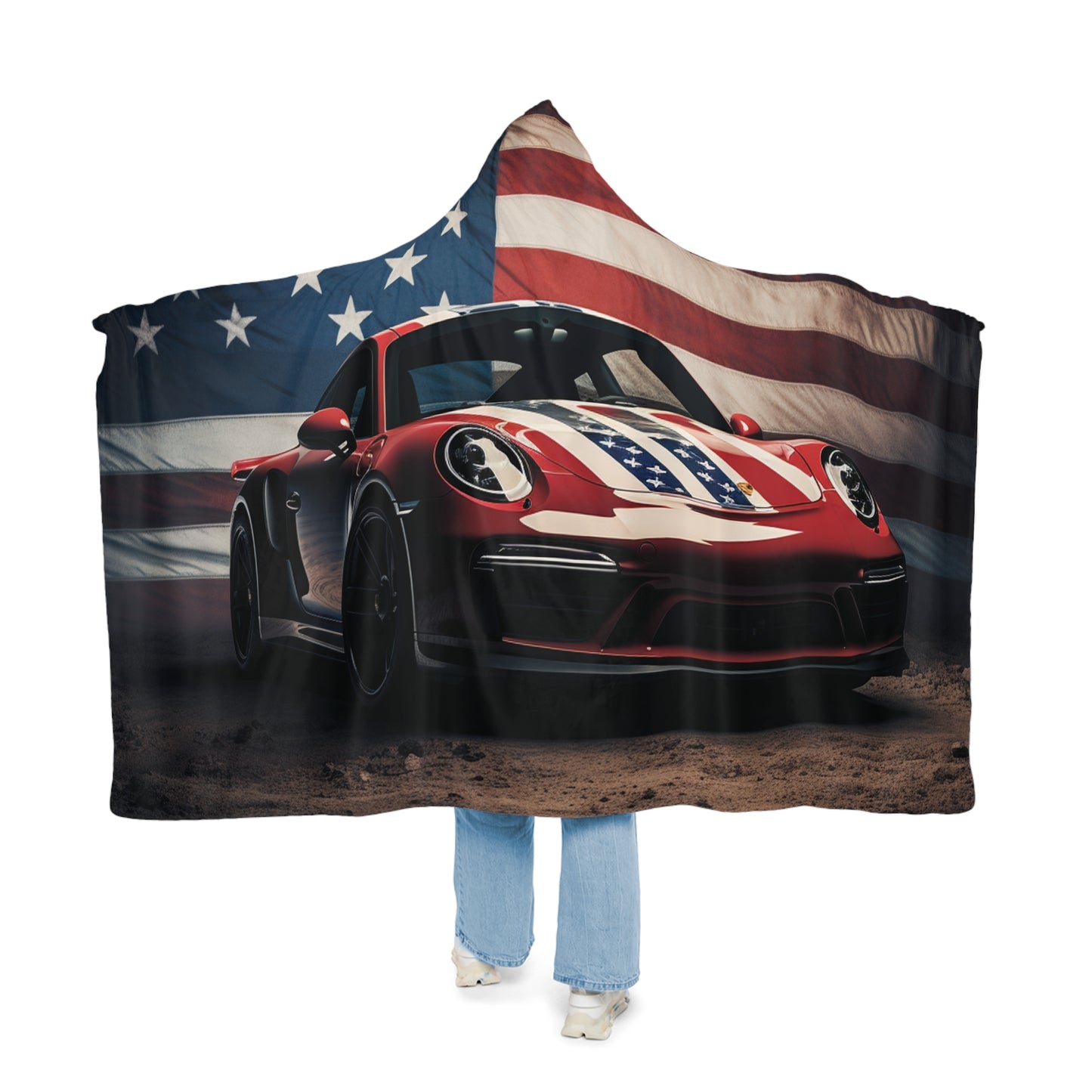 Snuggle Hooded Blanket American Flag Background Porsche 3