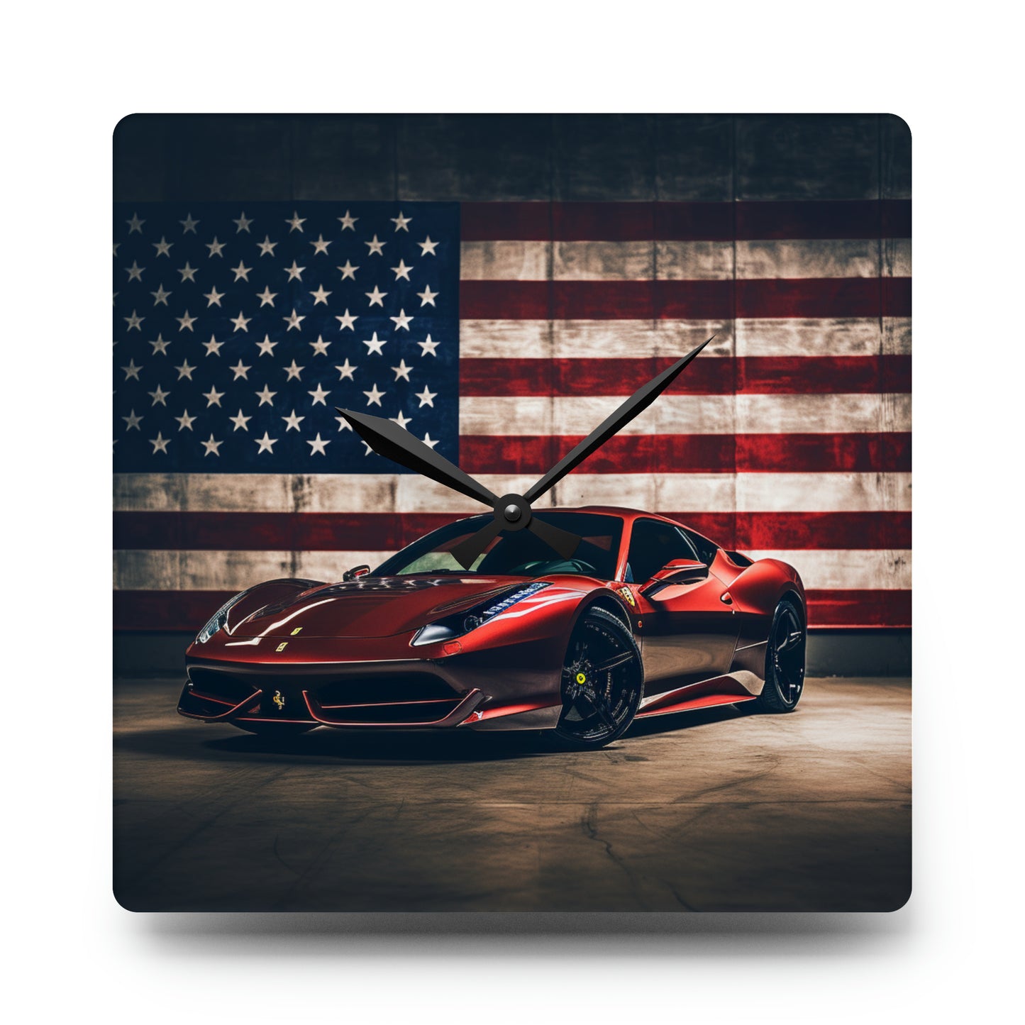 Acrylic Wall Clock American Flag Background Ferrari 4