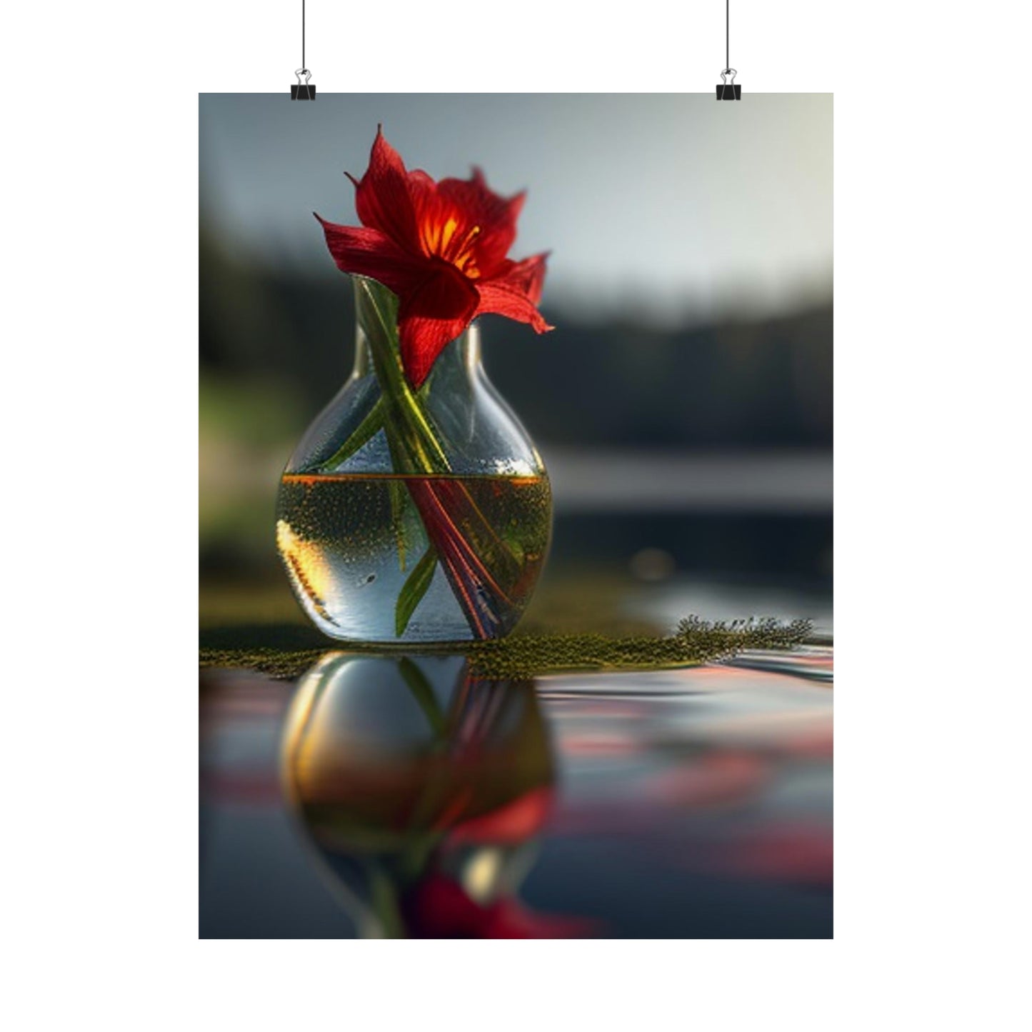 Premium Matte Vertical Posters Red Lily in a Glass vase 3