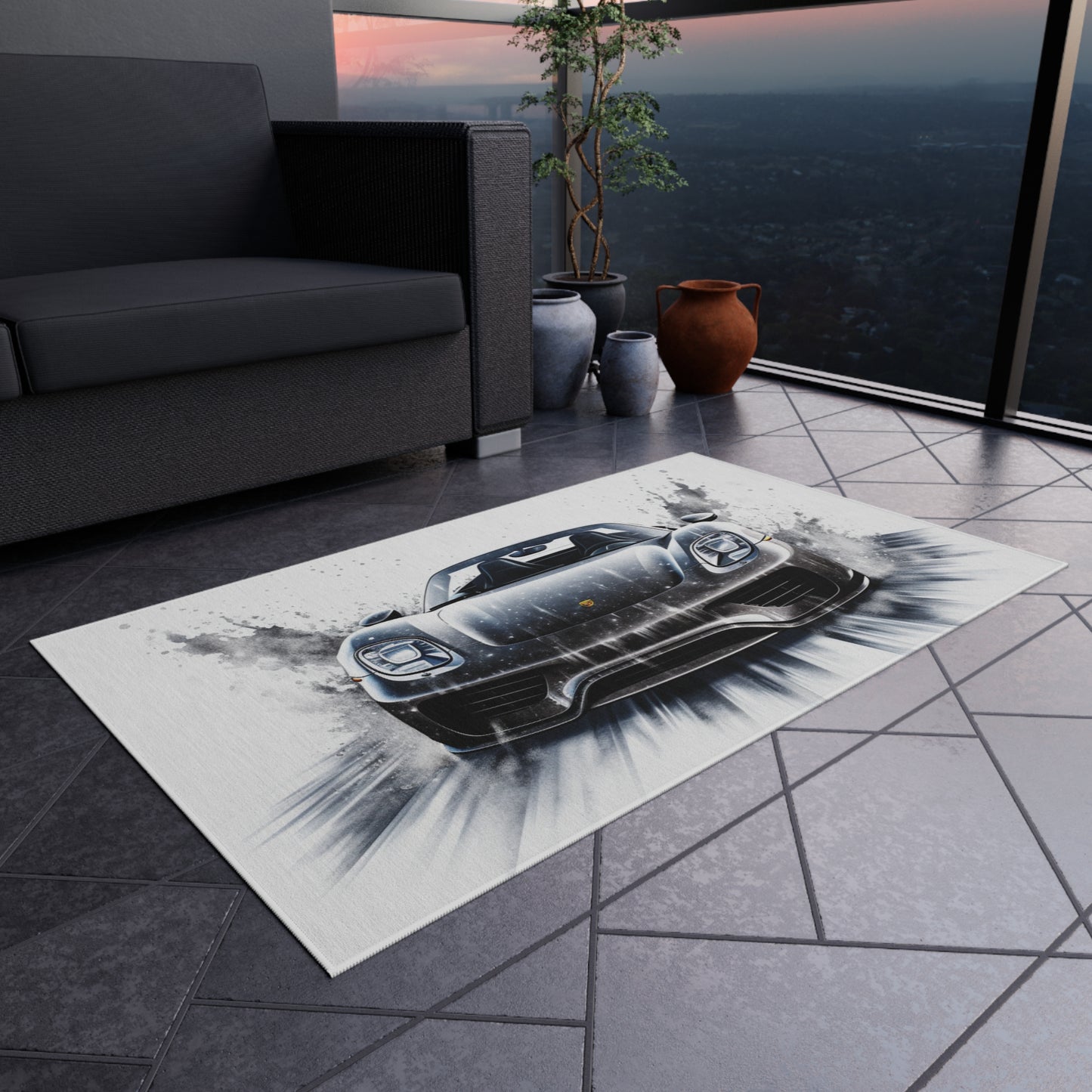 Outdoor Rug  918 Spyder white background driving fast with water splashing 3