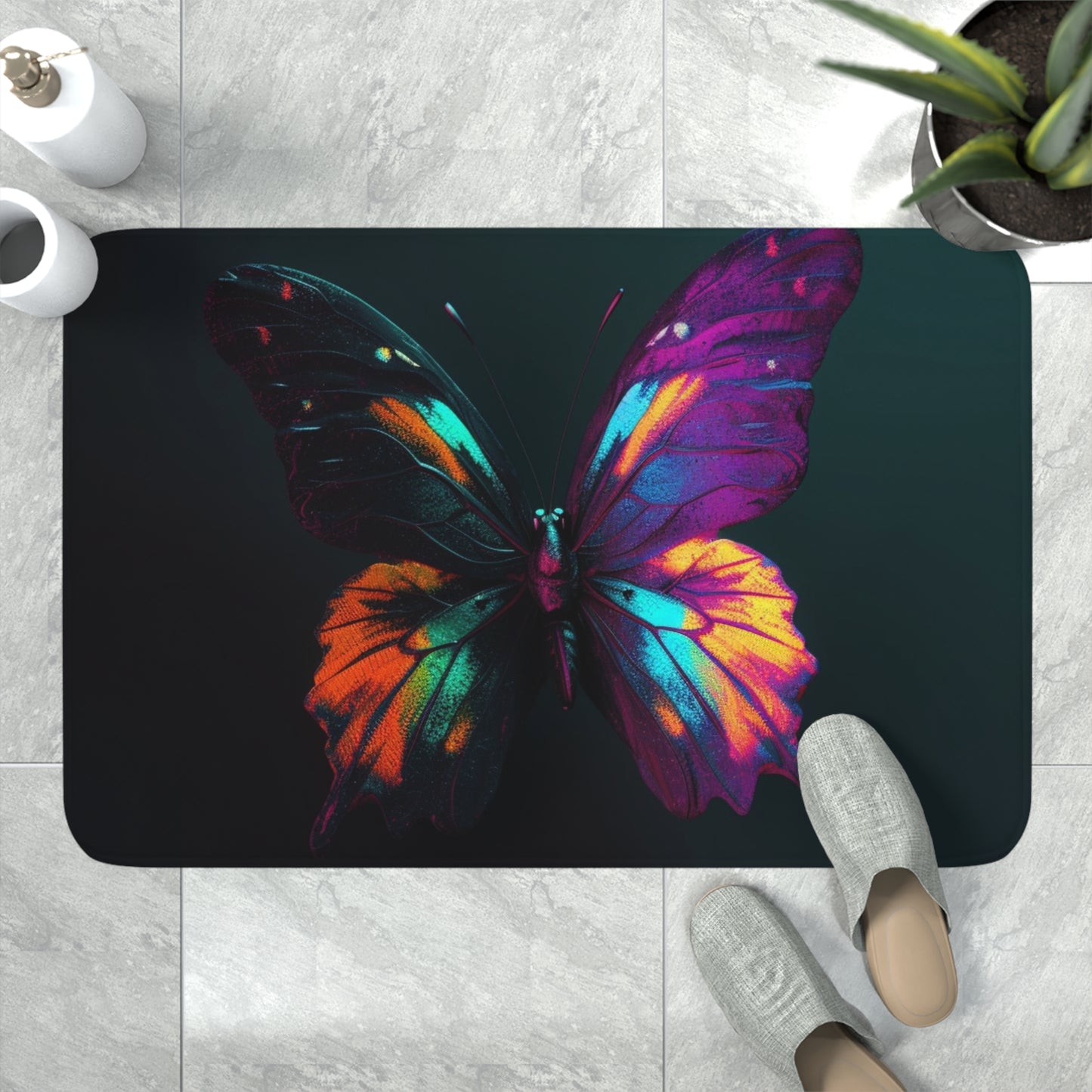 Memory Foam Bath Mat Hyper Colorful Butterfly Purple 3