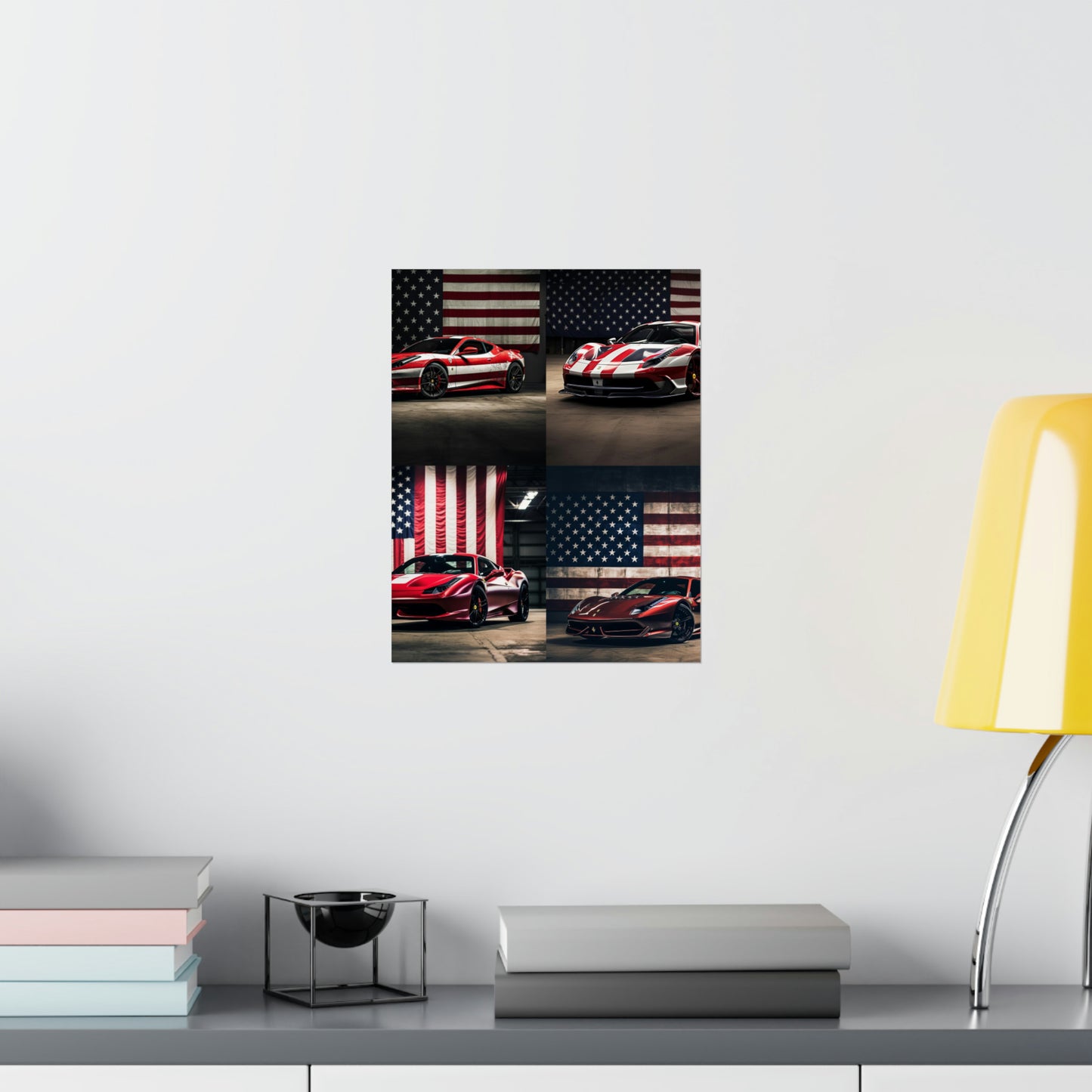 Premium Matte Vertical Posters American Flag Background Ferrari 5