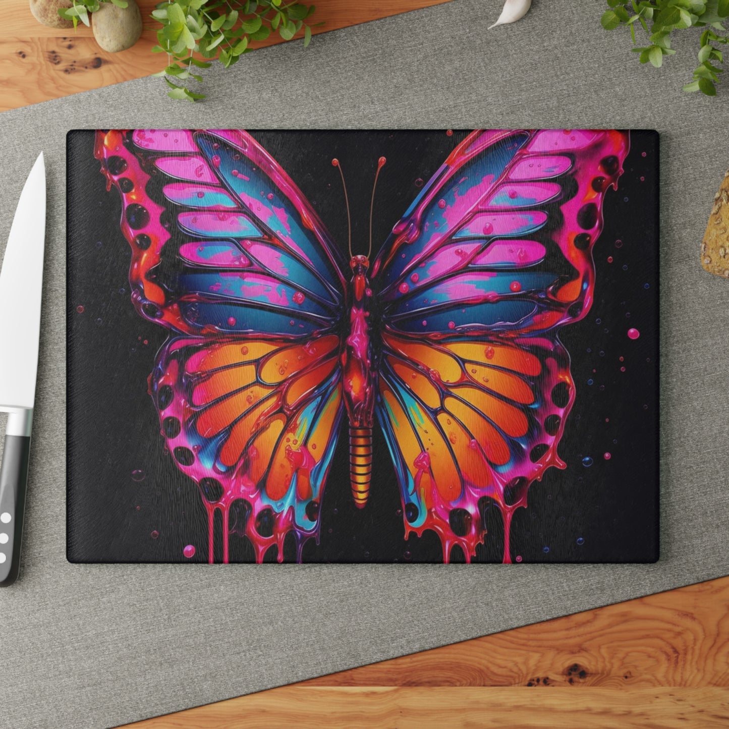 Glass Cutting Board Pink Butterfly Flair 1