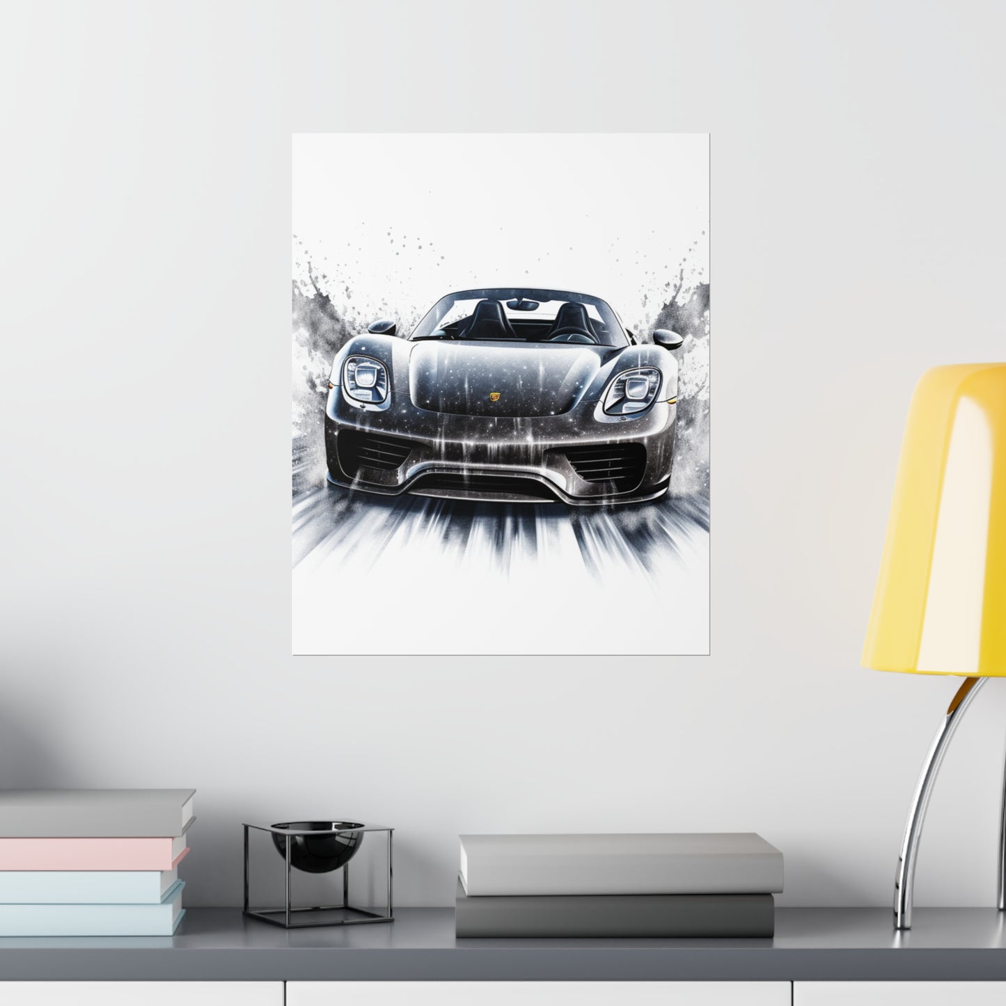 Premium Matte Vertical Posters 918 Spyder white background driving fast with water splashing 3