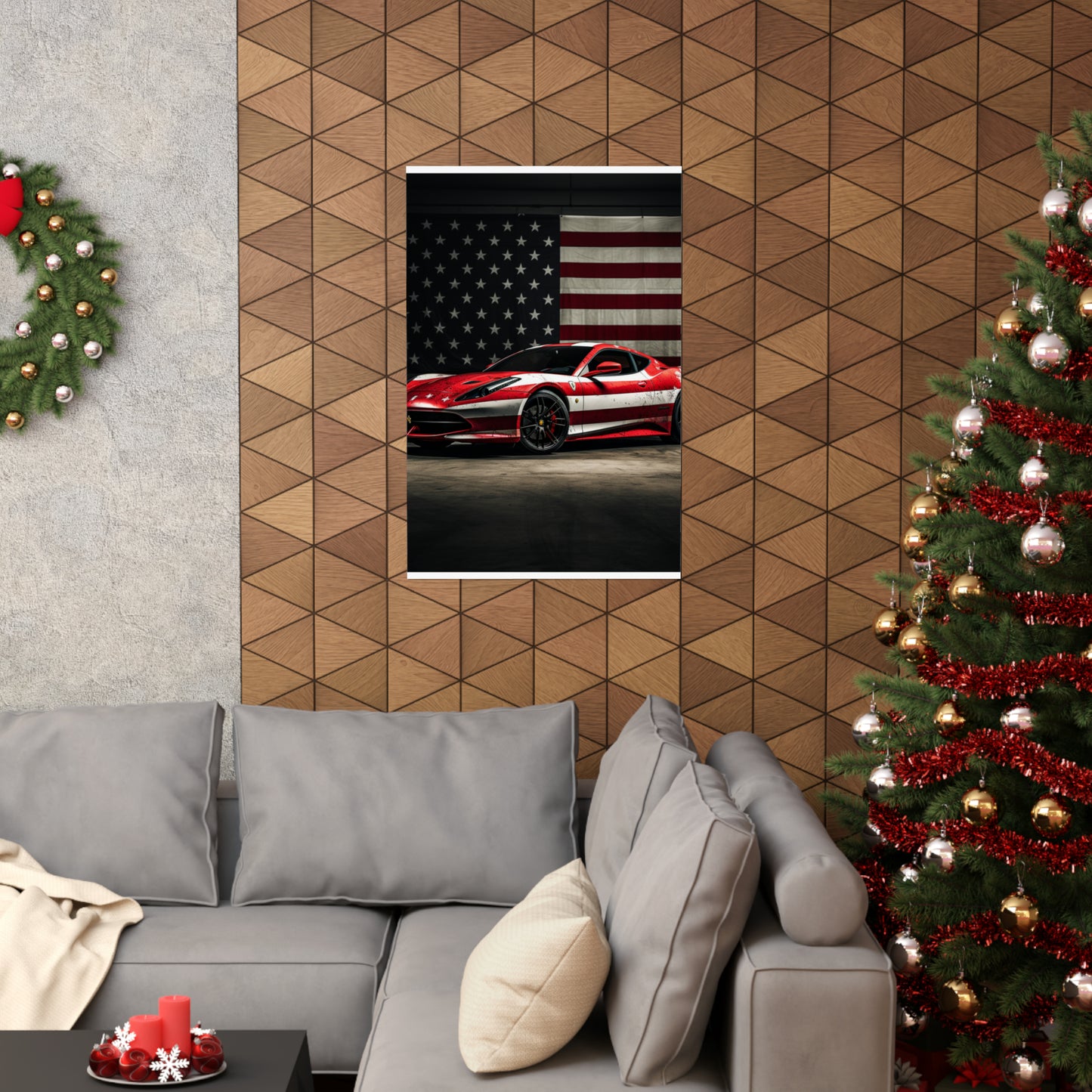 Premium Matte Vertical Posters American Flag Background Ferrari 1