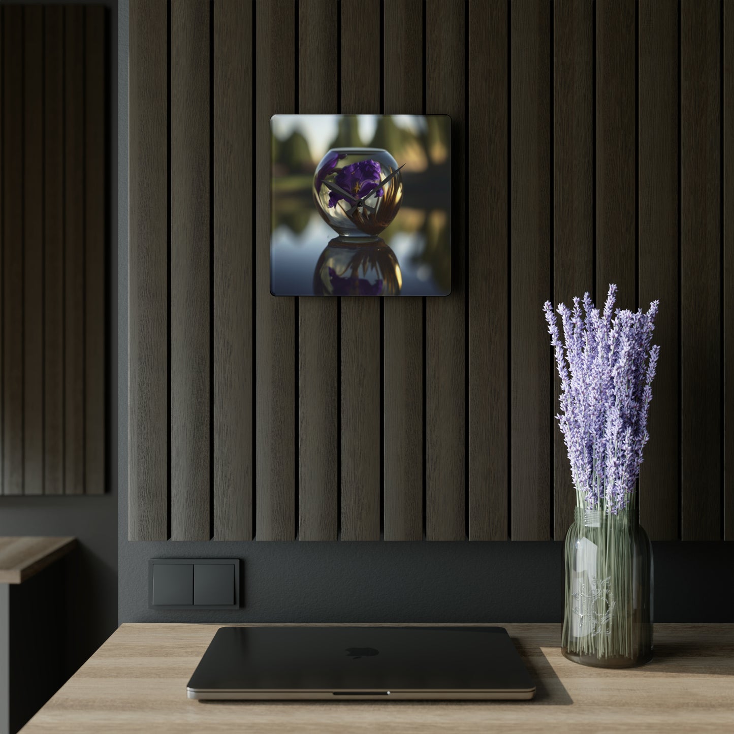 Acrylic Wall Clock Purple Iris in a vase 2