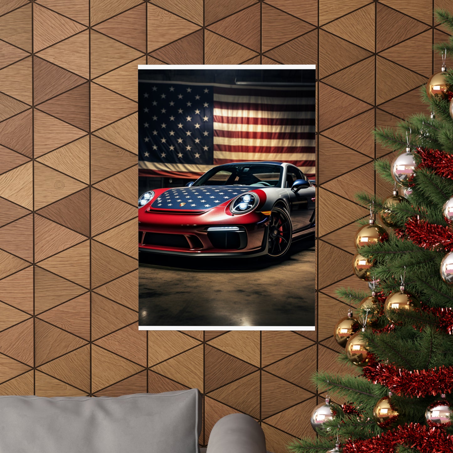 Premium Matte Vertical Posters American Flag Background Porsche 1