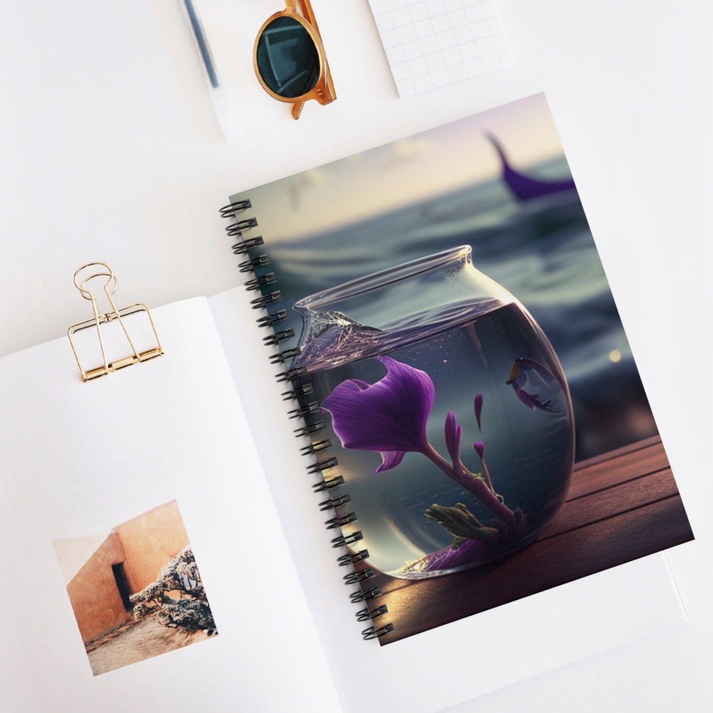 Spiral Notebook - Ruled Line Purple Sweet pea in a vase 1
