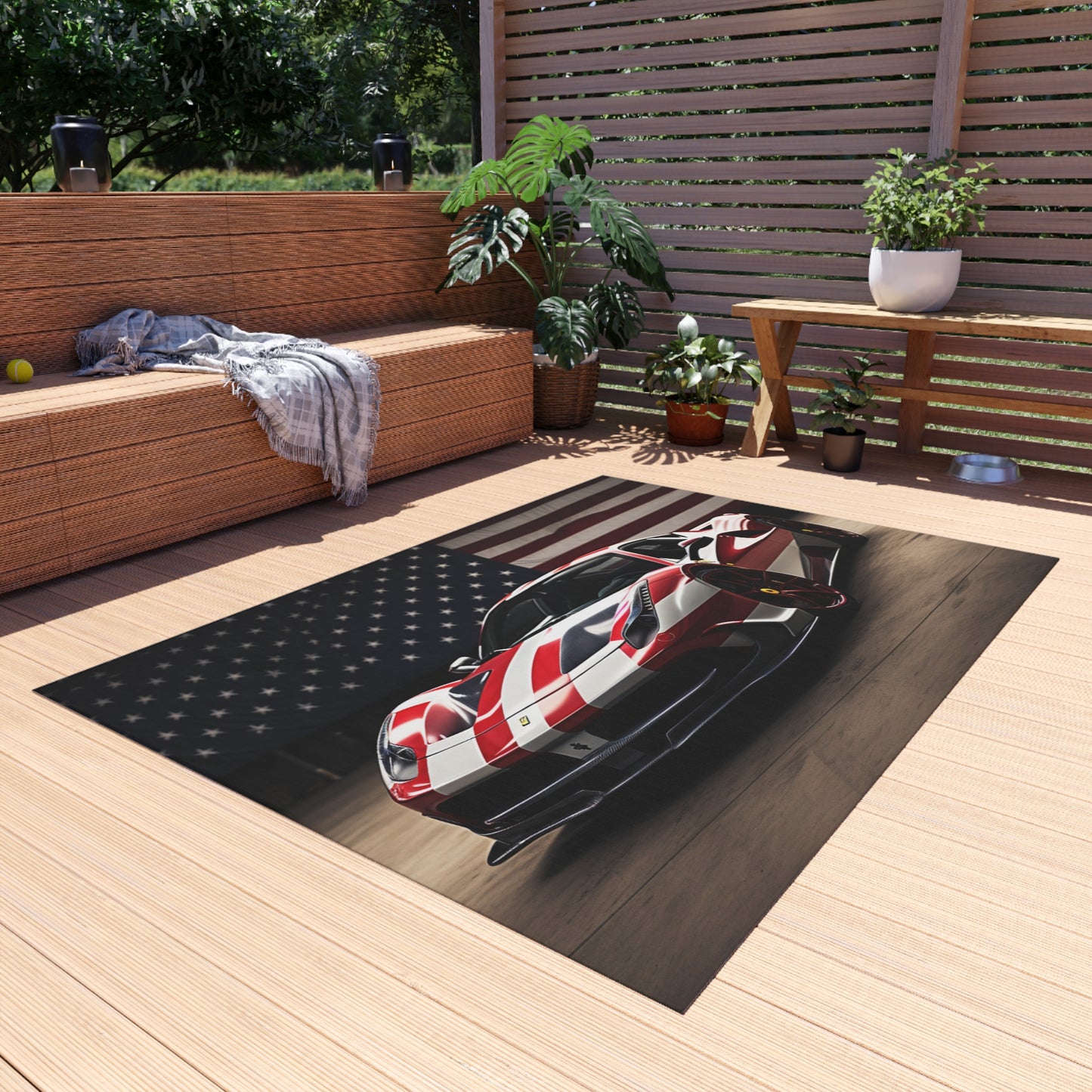 Outdoor Rug  American Flag Background Ferrari 2