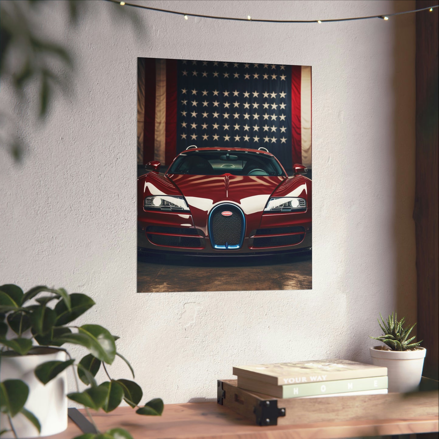 Premium Matte Vertical Posters American Flag Background Bugatti 1