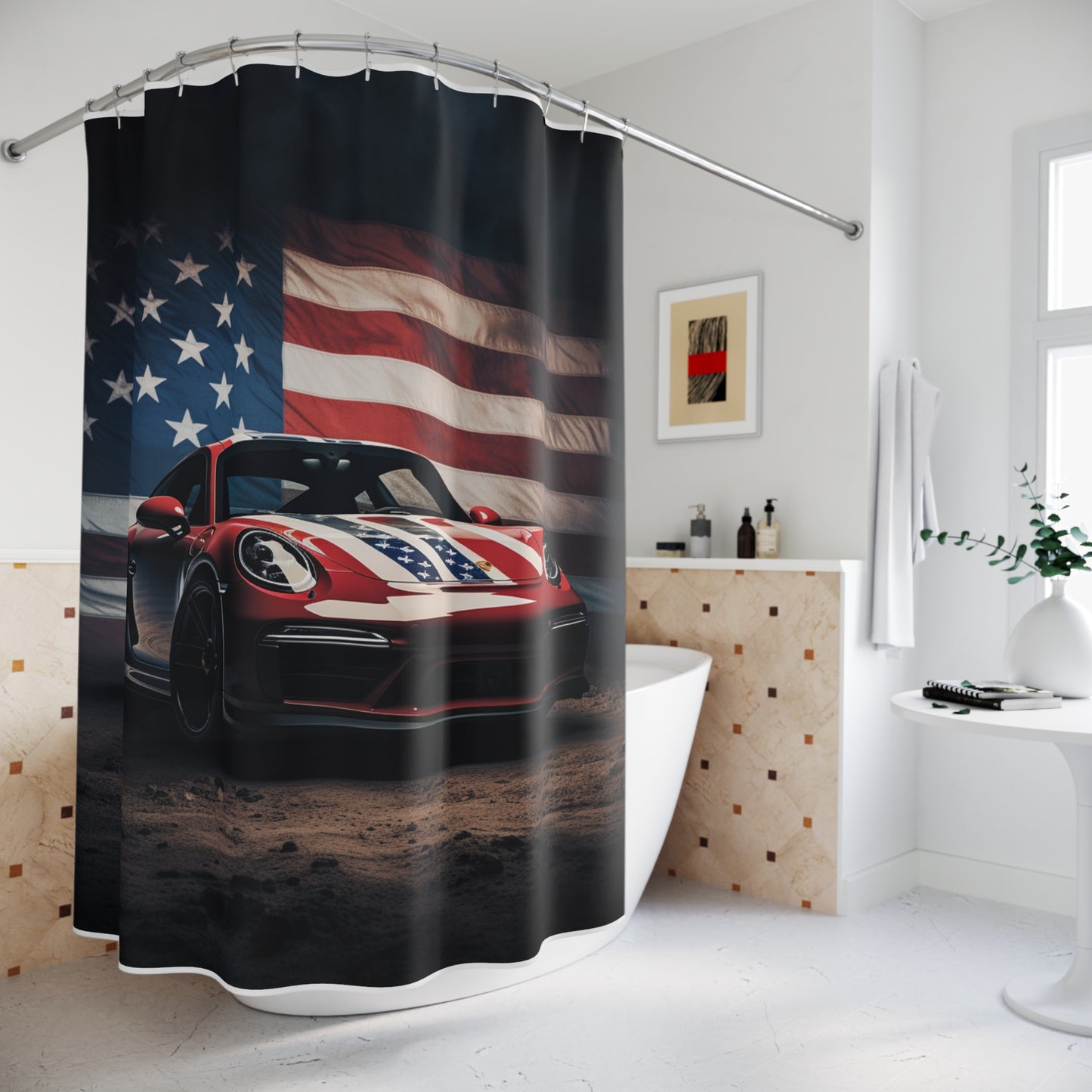 Polyester Shower Curtain American Flag Background Porsche 3