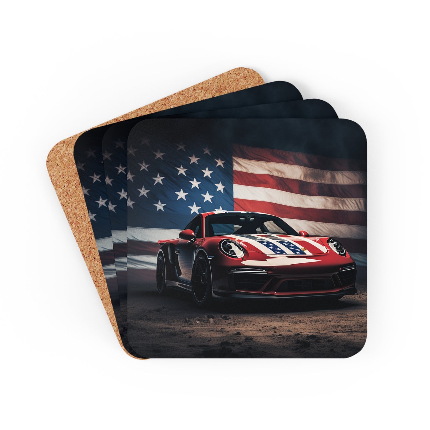 Corkwood Coaster Set American Flag Background Porsche 3