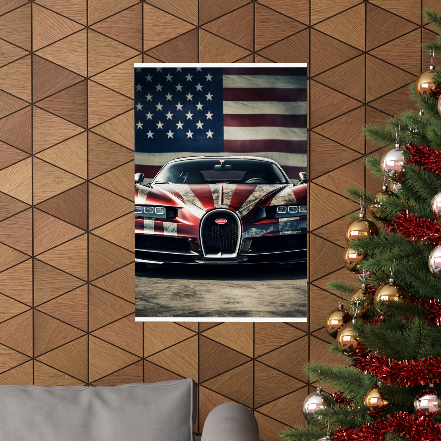 Premium Matte Vertical Posters American Flag Background Bugatti 3