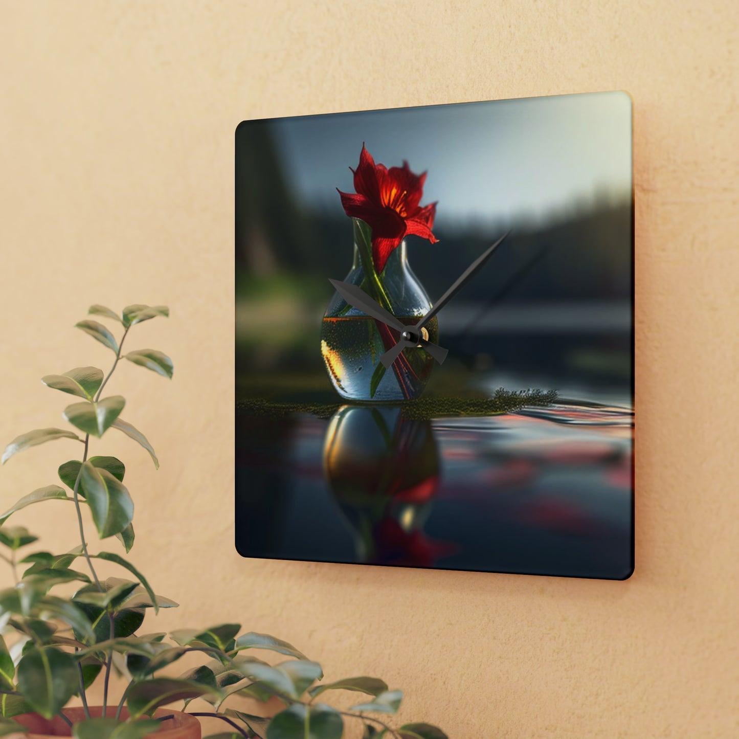 Acrylic Wall Clock Red Lily in a Glass vase 3