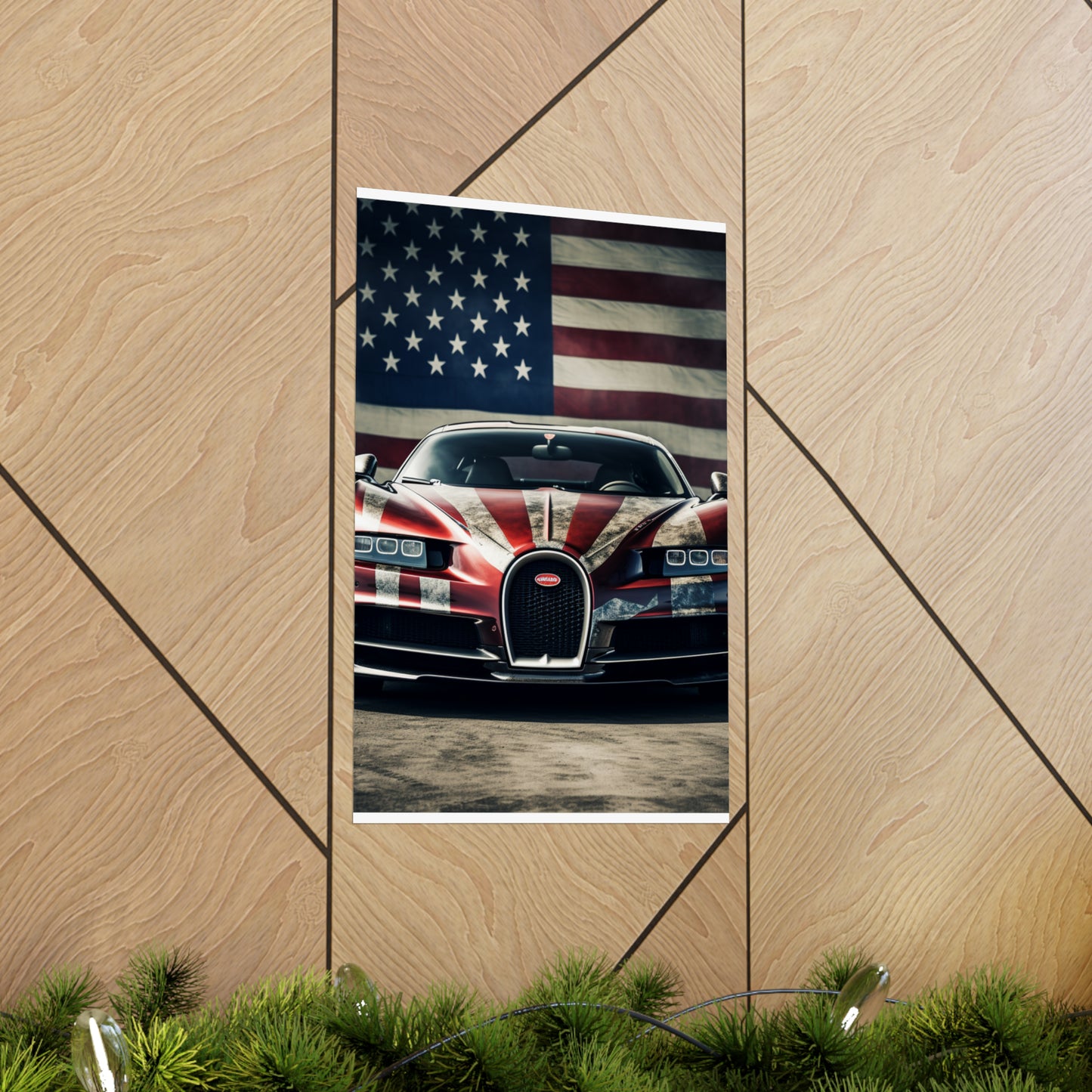 Premium Matte Vertical Posters American Flag Background Bugatti 3