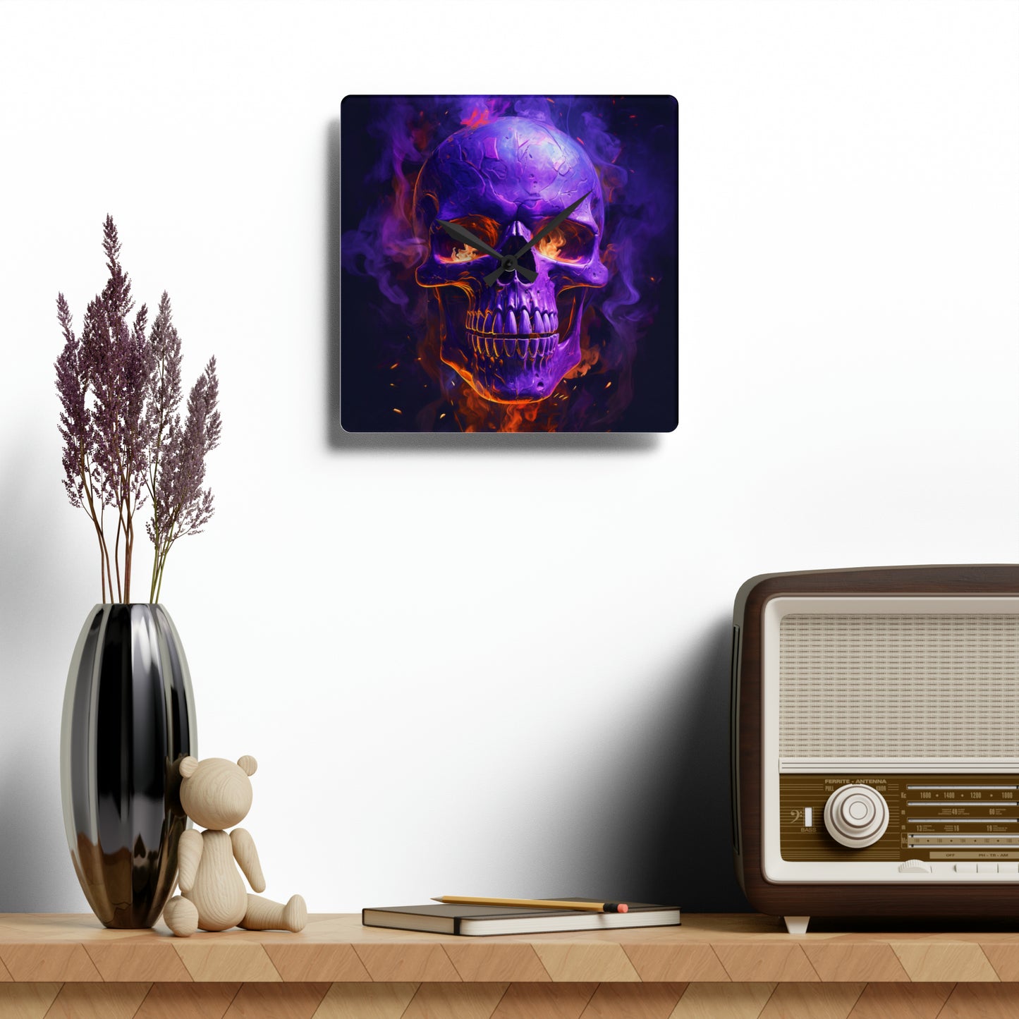 Acrylic Wall Clock Skull Flames 1