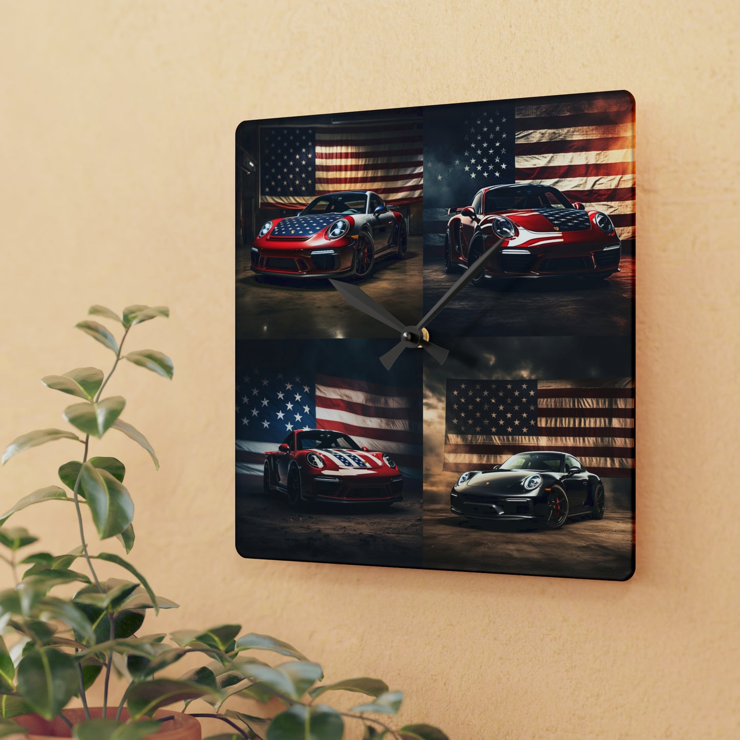 Acrylic Wall Clock American Flag Background Porsche 5