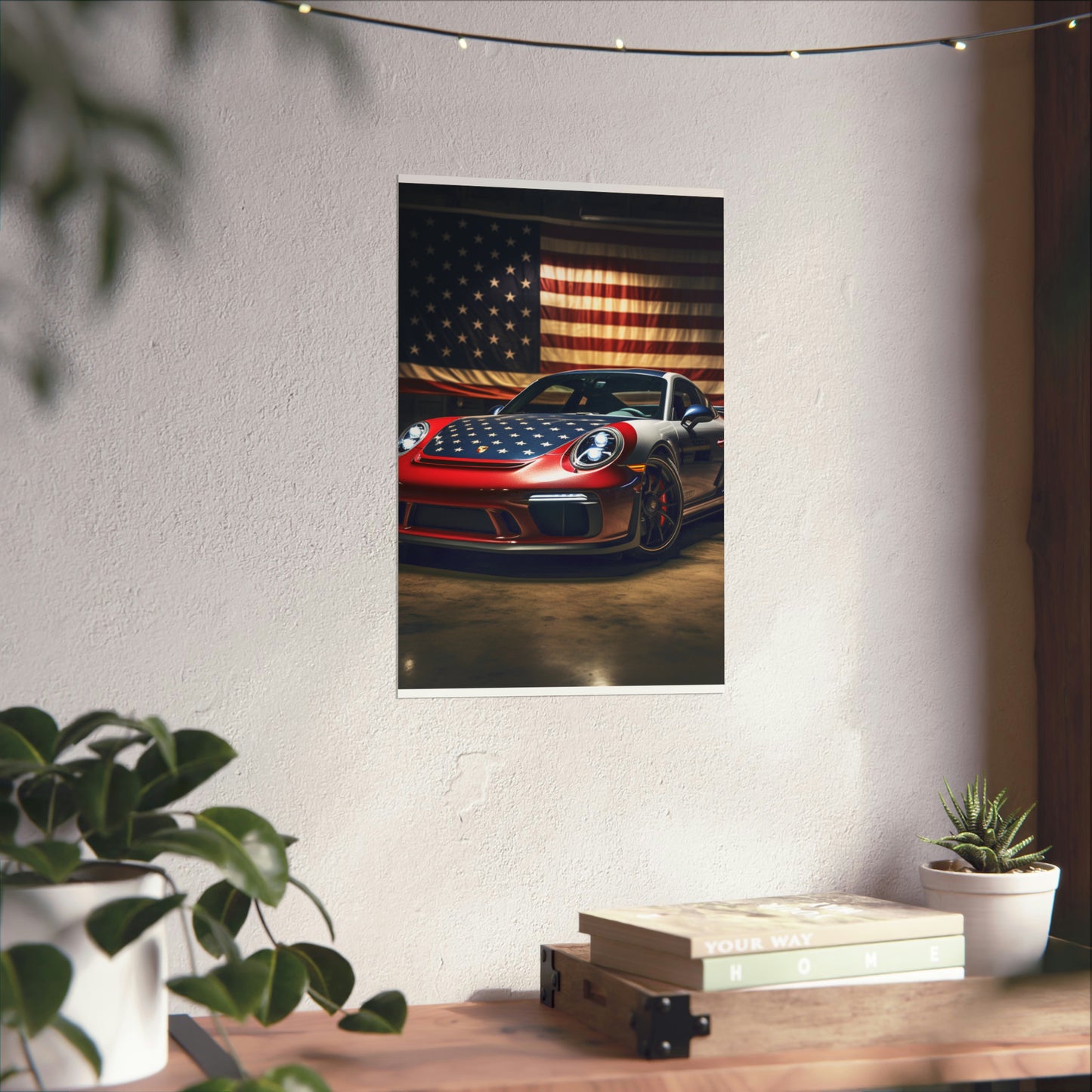 Premium Matte Vertical Posters American Flag Background Porsche 1