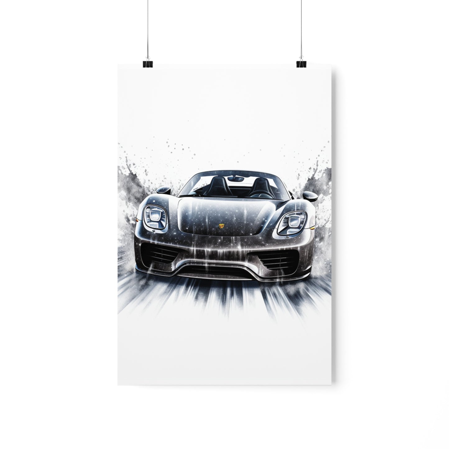 Premium Matte Vertical Posters 918 Spyder white background driving fast with water splashing 3