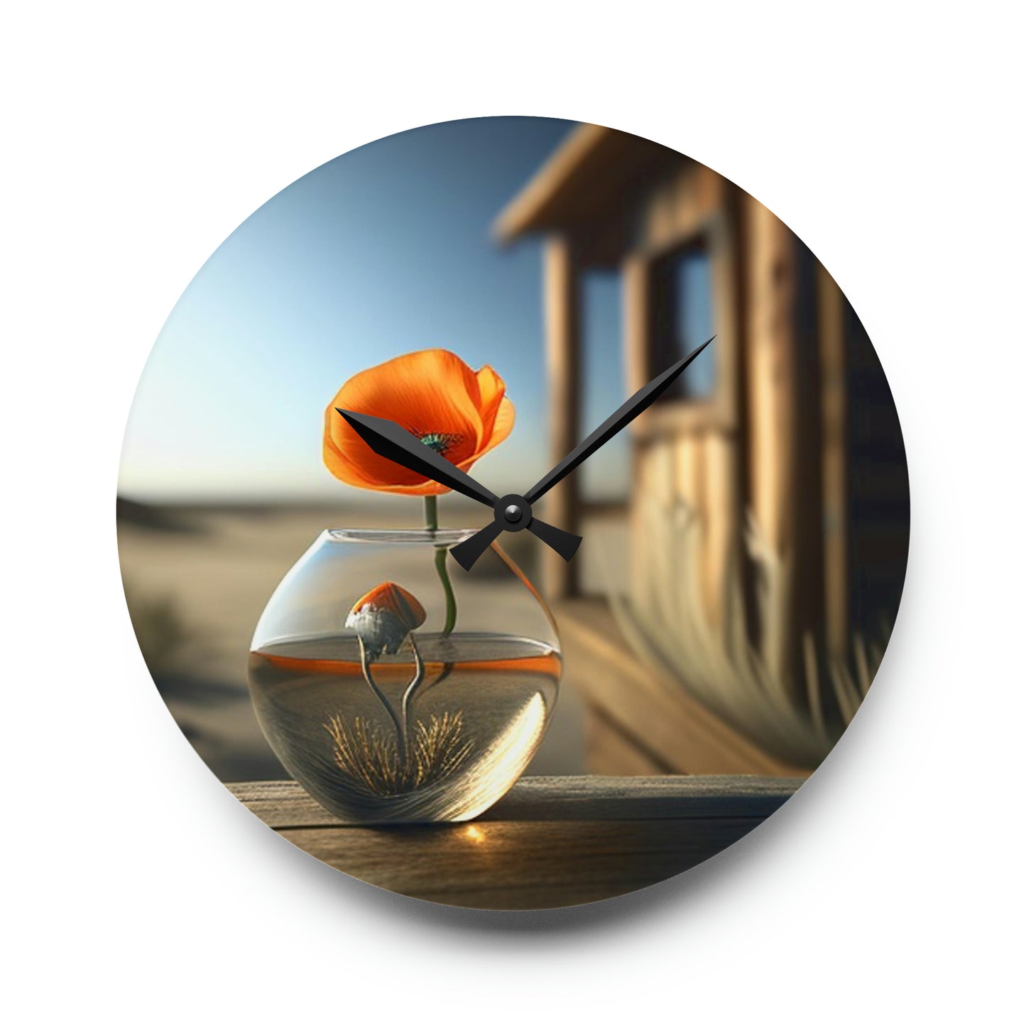 Acrylic Wall Clock Orange Poppy in a Vase 1