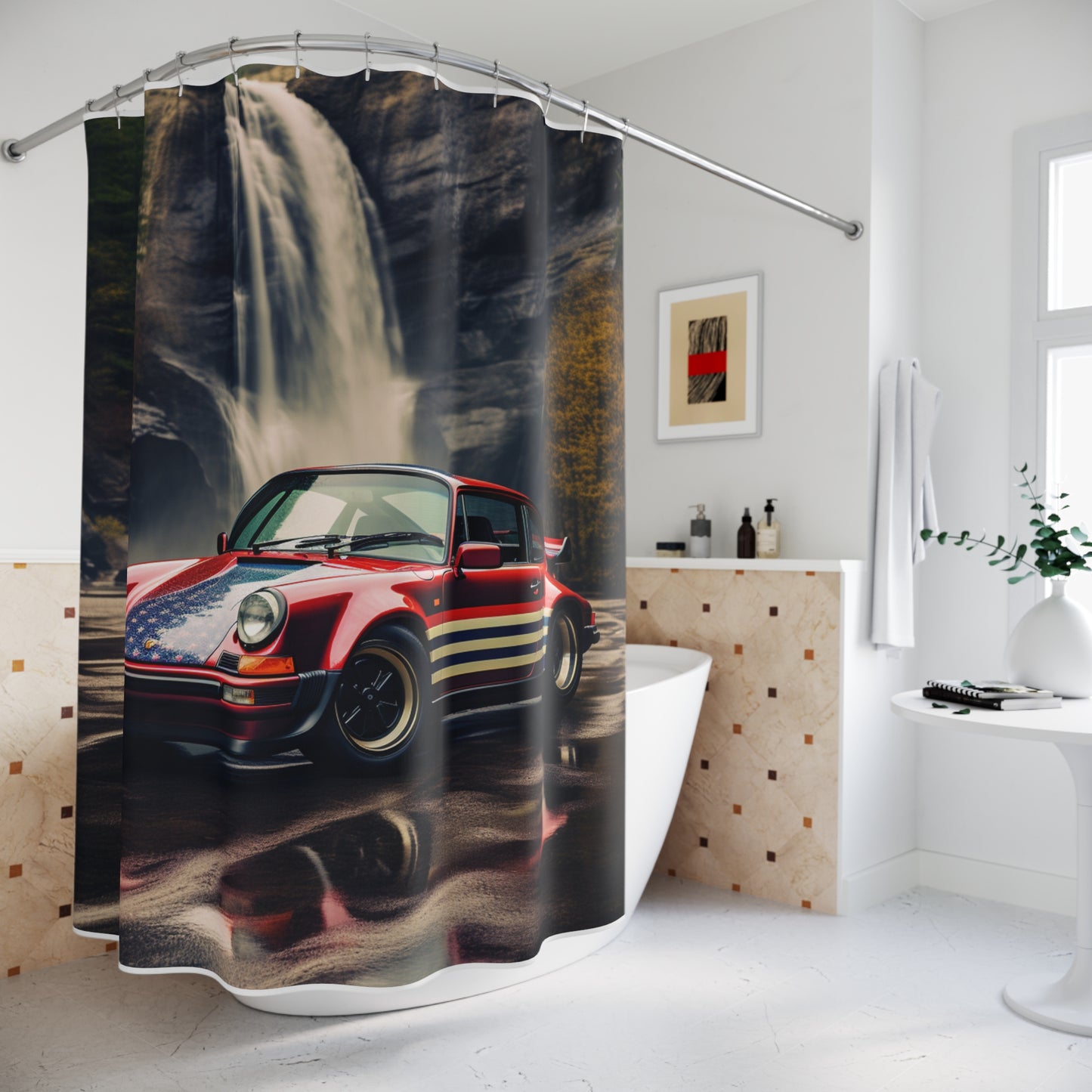 Polyester Shower Curtain American Flag Porsche Abstract 1