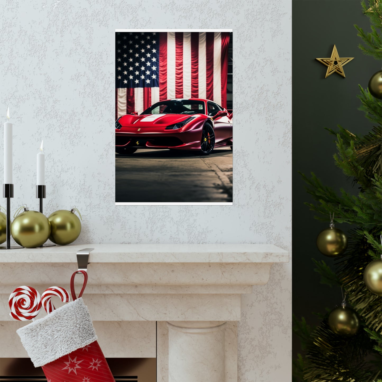 Premium Matte Vertical Posters American Flag Background Ferrari 3