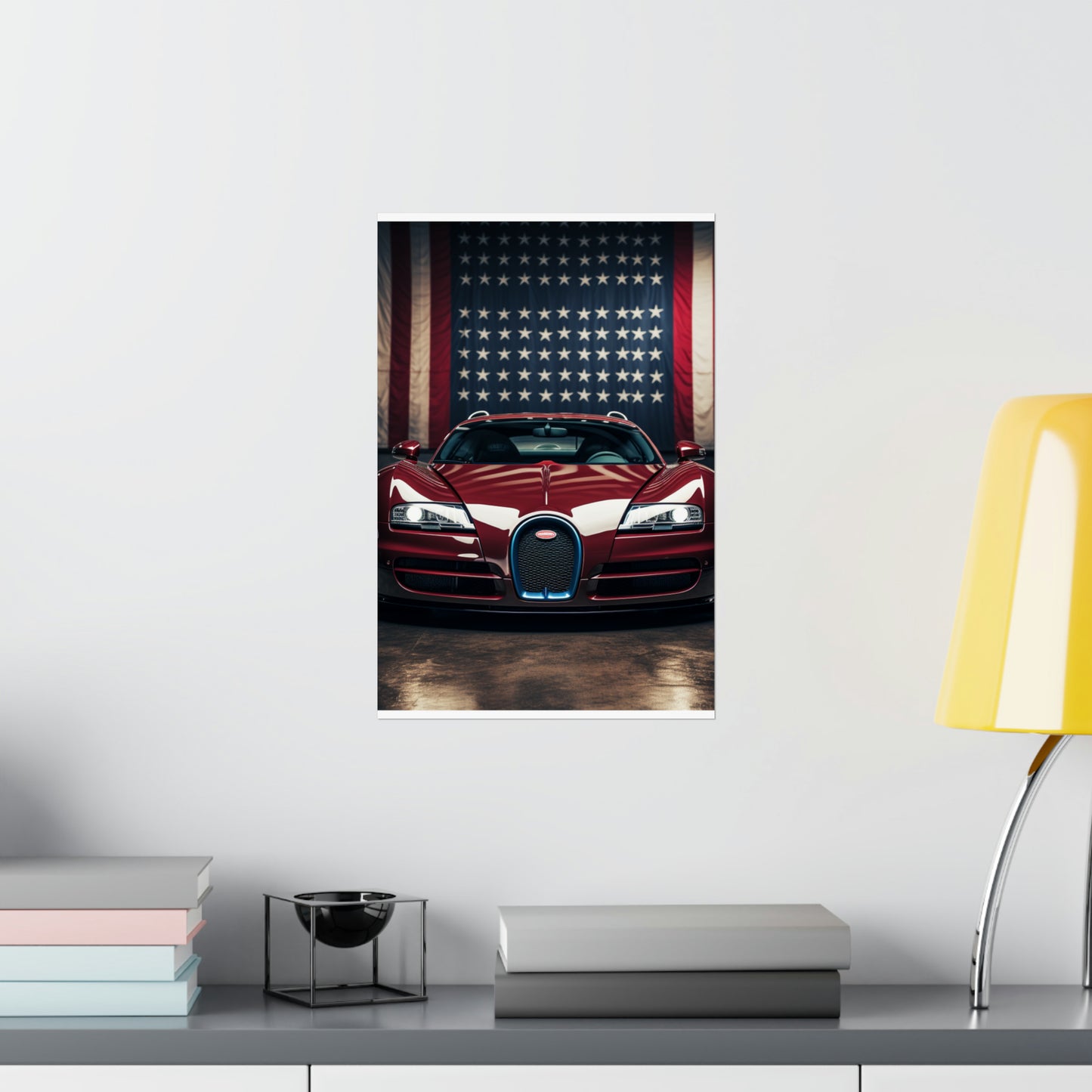 Premium Matte Vertical Posters American Flag Background Bugatti 1