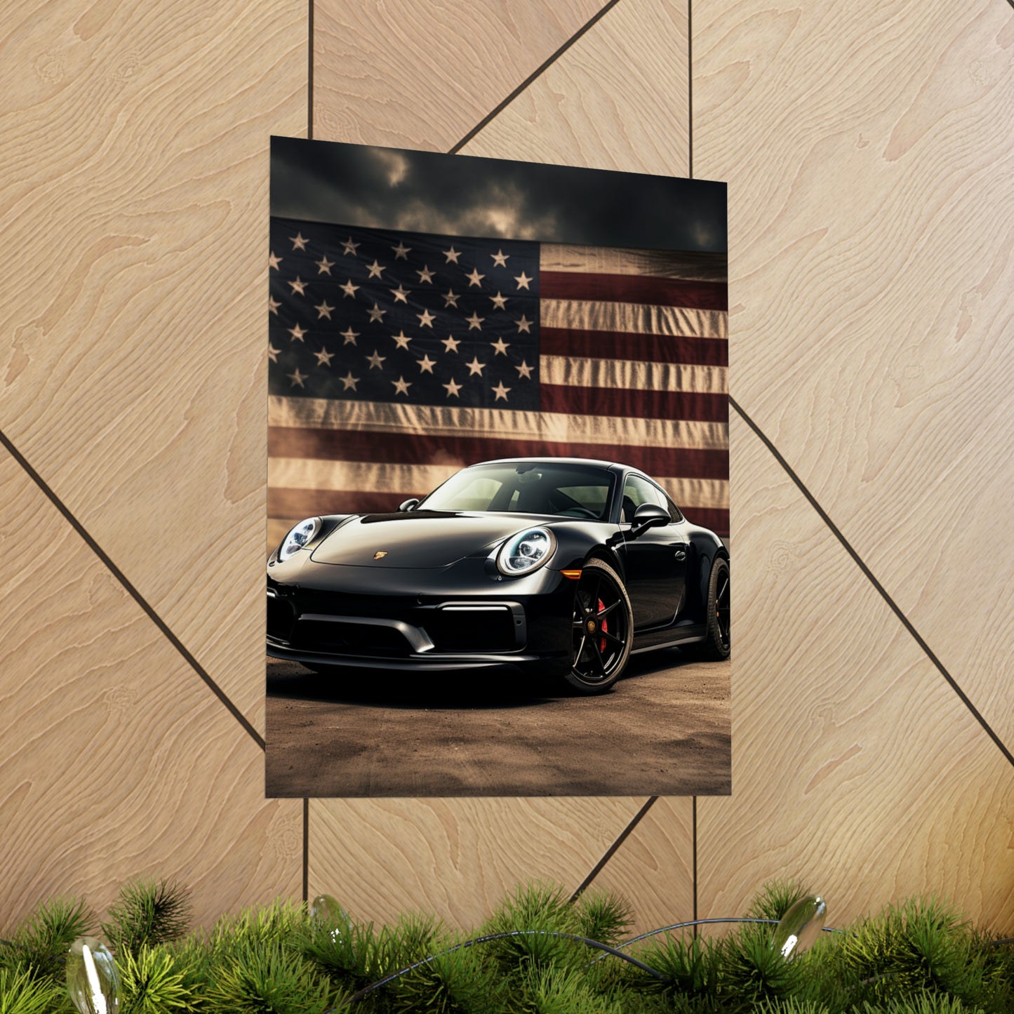 Premium Matte Vertical Posters American Flag Background Porsche 4