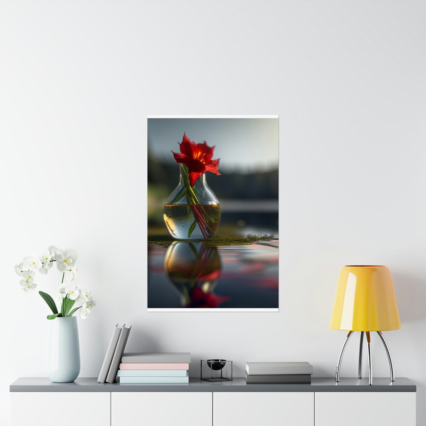 Premium Matte Vertical Posters Red Lily in a Glass vase 3