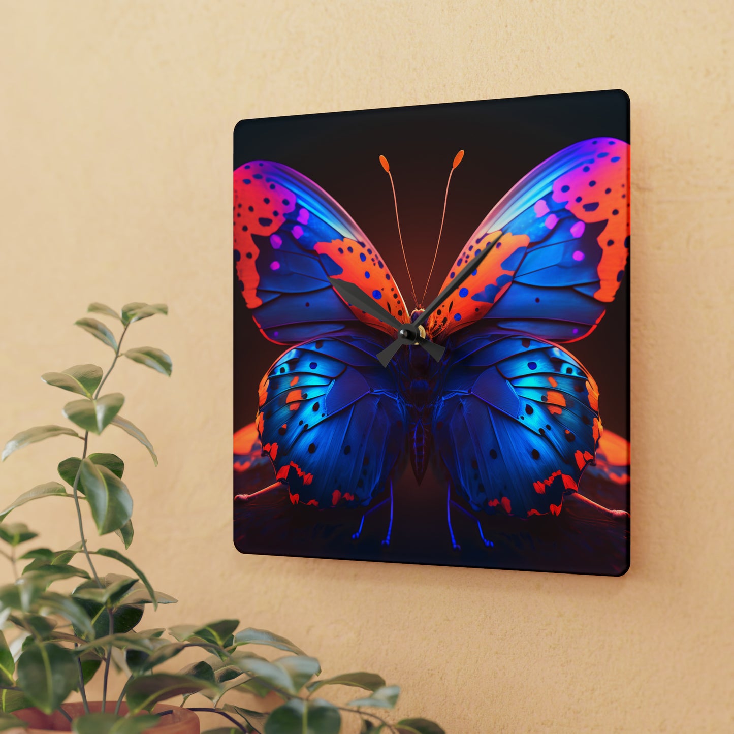 Acrylic Wall Clock Neon Butterfly Macro 3